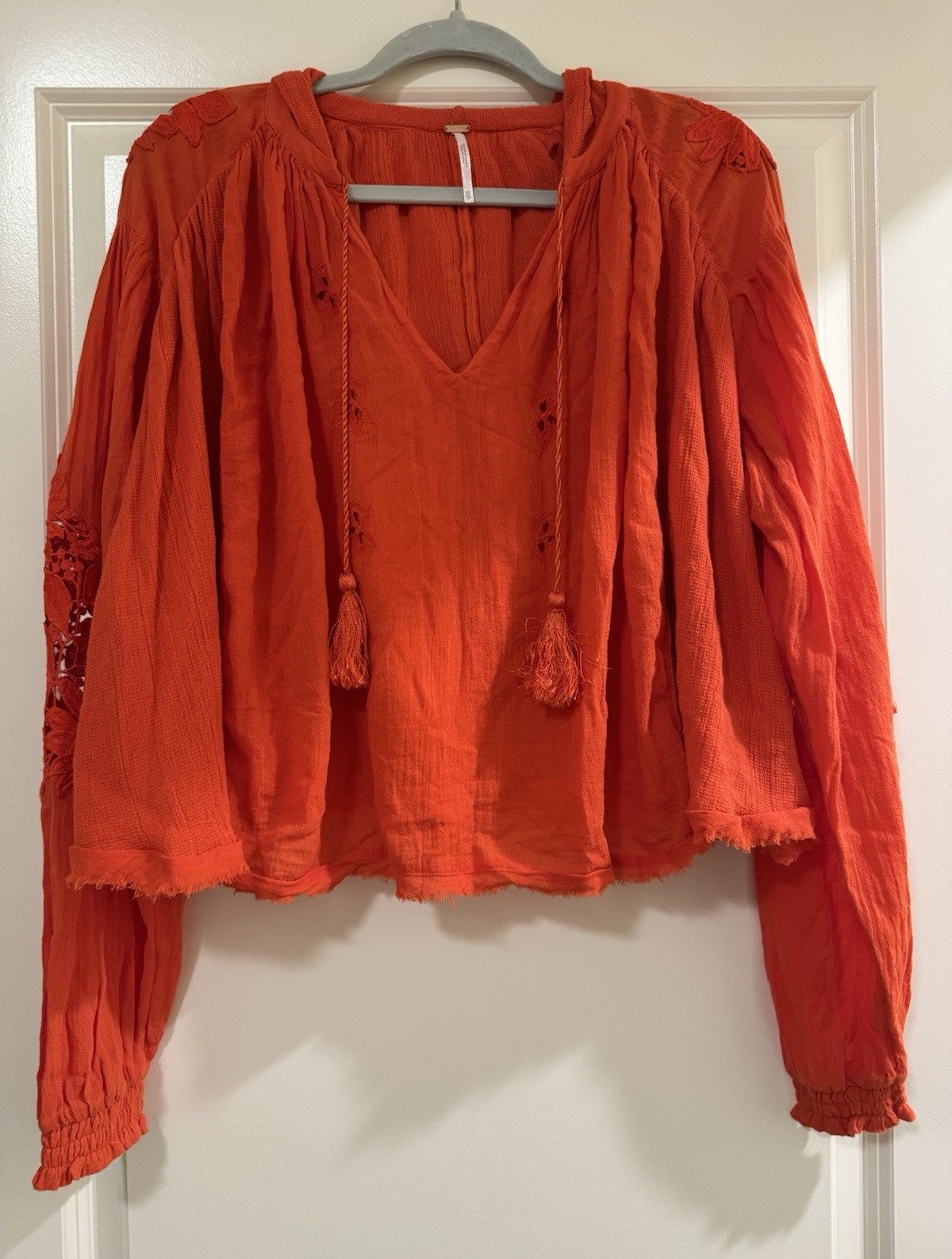 Free People Orange Knit Hoodie XS 100% Cotton V-Neck Hooded Cropped Tassel