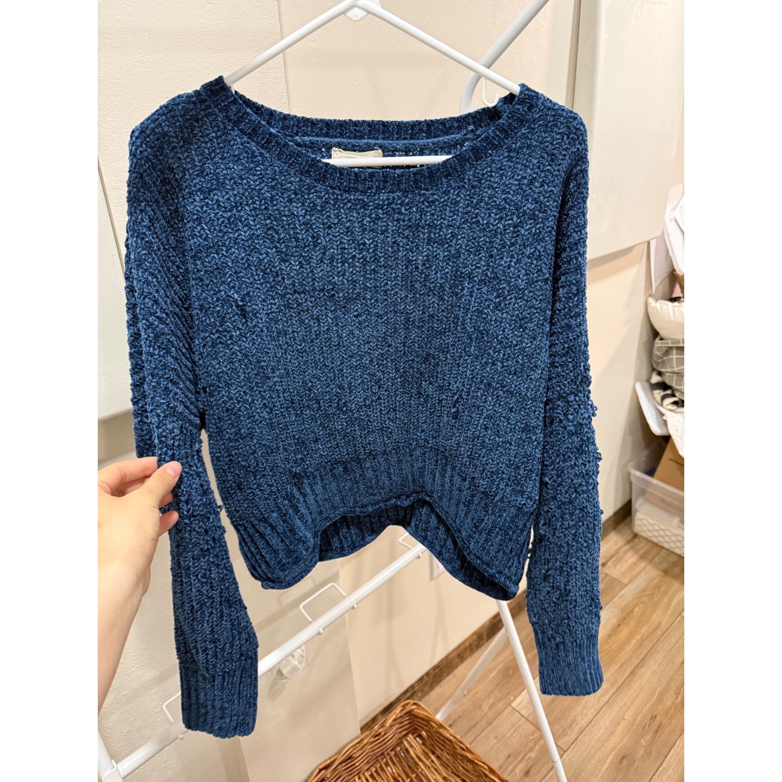 Altar’d State Blue Chenille Knit Sweater Crew Neck High Low Hem Large