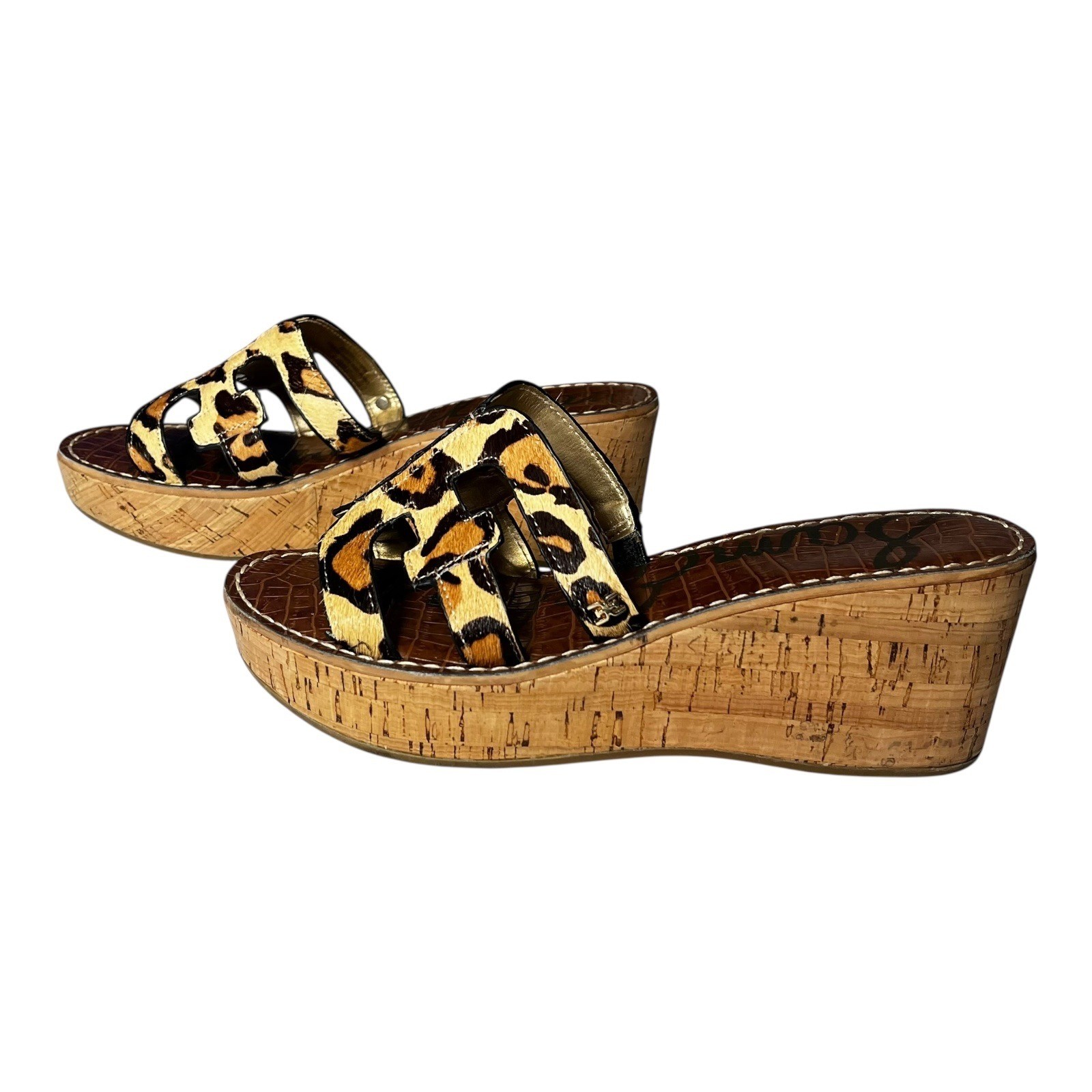 Sam Edelman Regis Leopard Calf Hair Cork Wedge Sandals Womens 9M Brown Black