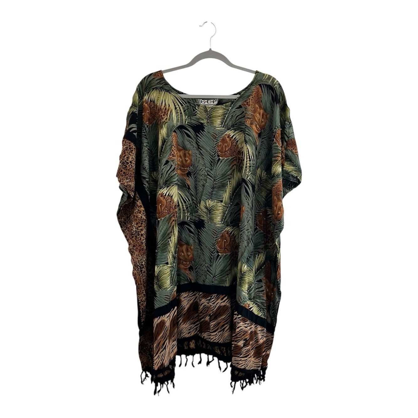B.O.P Women’s Jungle Leopard Print Caftan Poncho Top 4X Beaded Rayon Boho