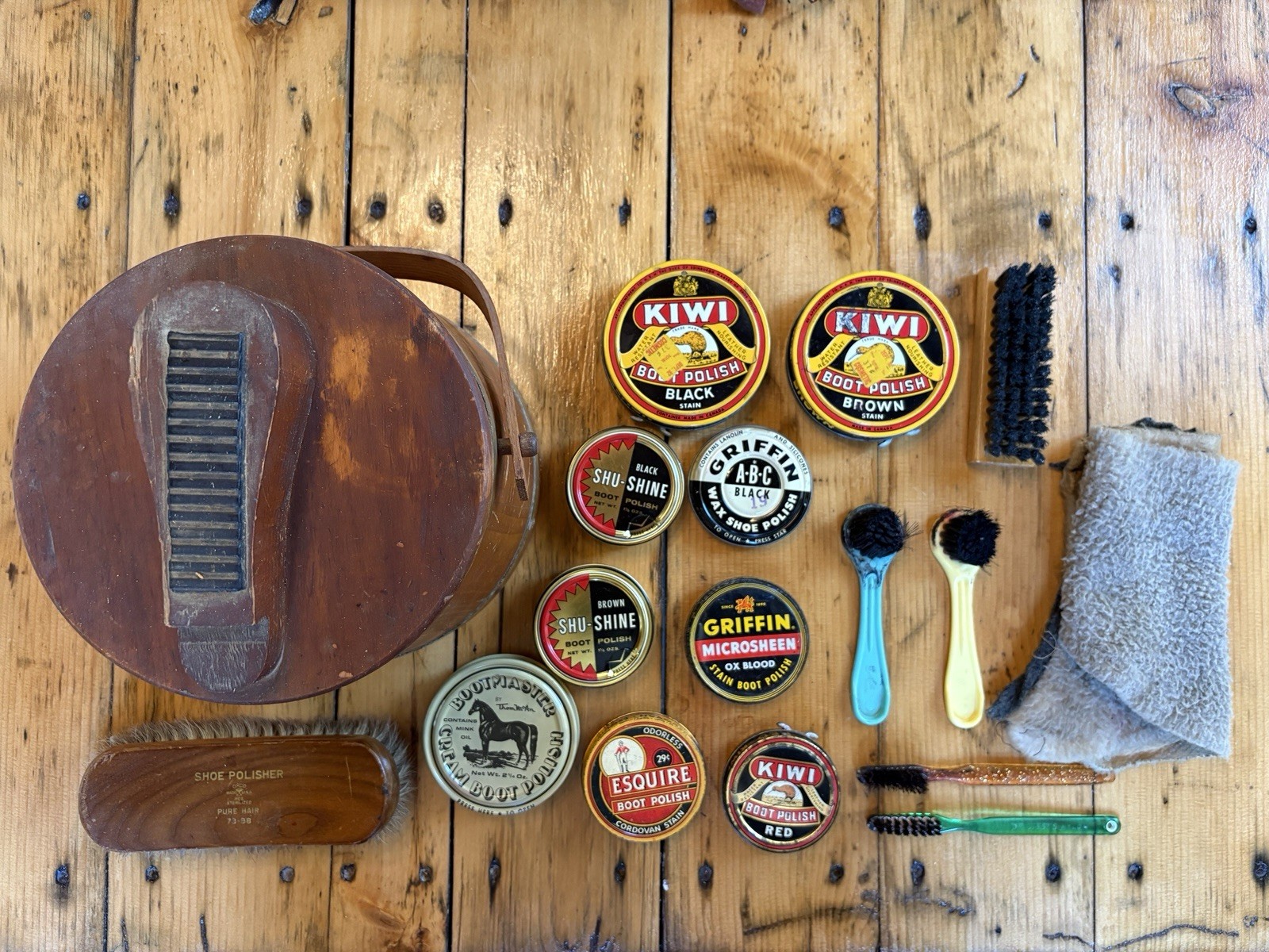 Vintage Wooden Shoe Shine Kit w/ Branded Boot Polish Tins and brushes