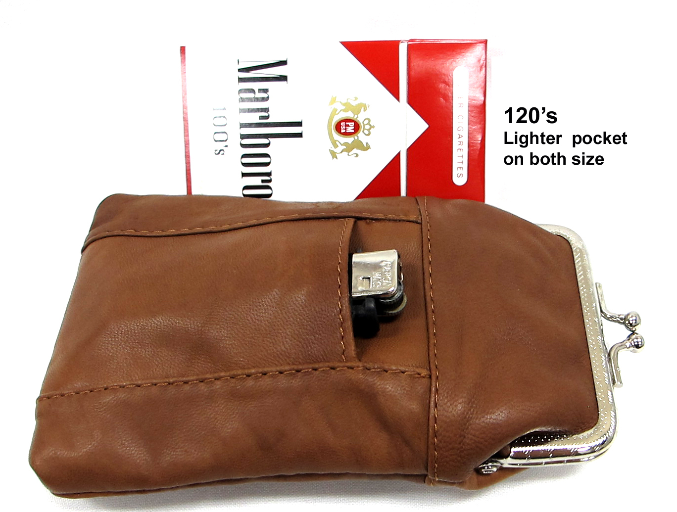 Soft Leather Cigarette Case Pouch Lighter Pocket Snap Top Closure fit 120s 100s
