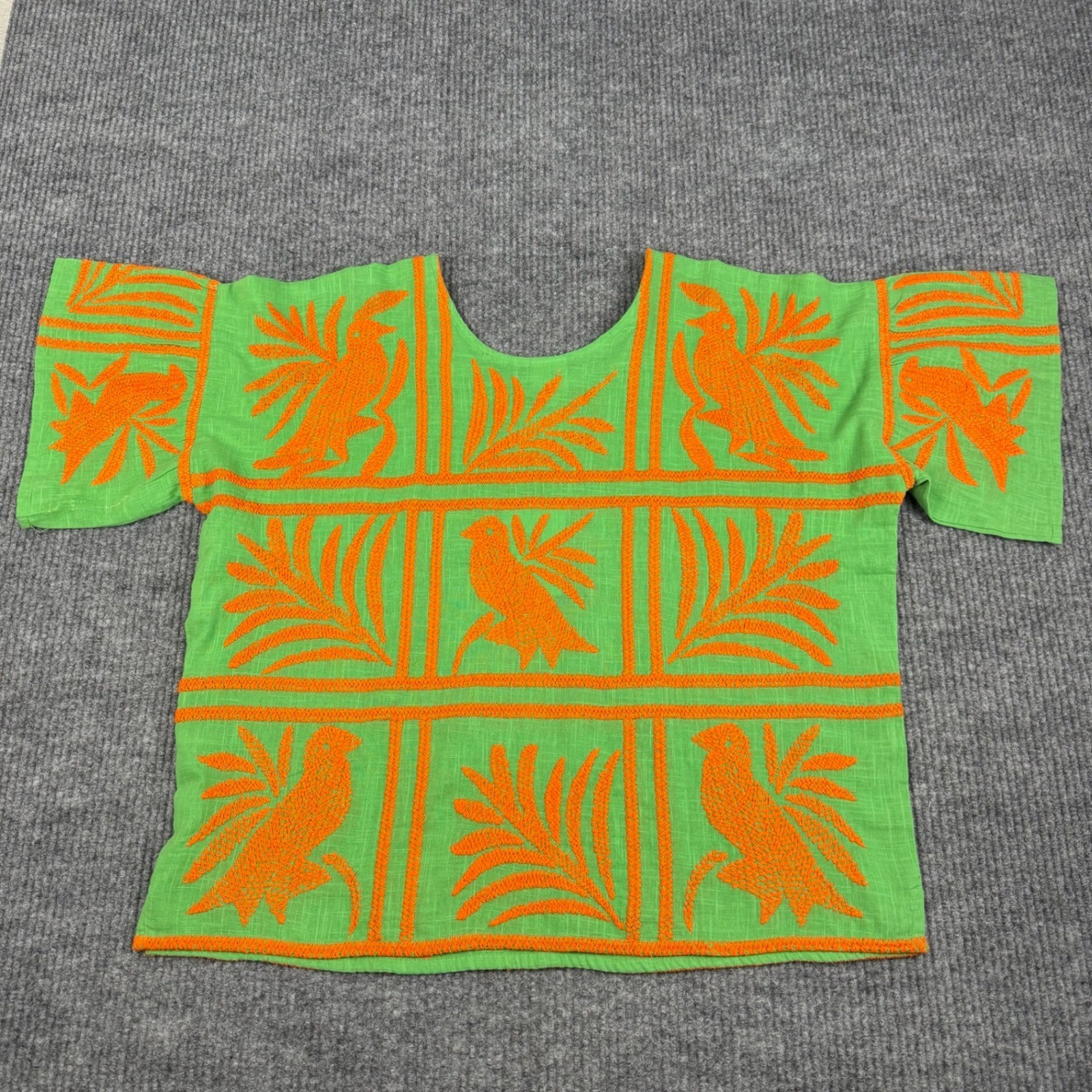 Sister Mary Eva Top Womens L Green Orange Embroidered Bird Cotton Boho Resort