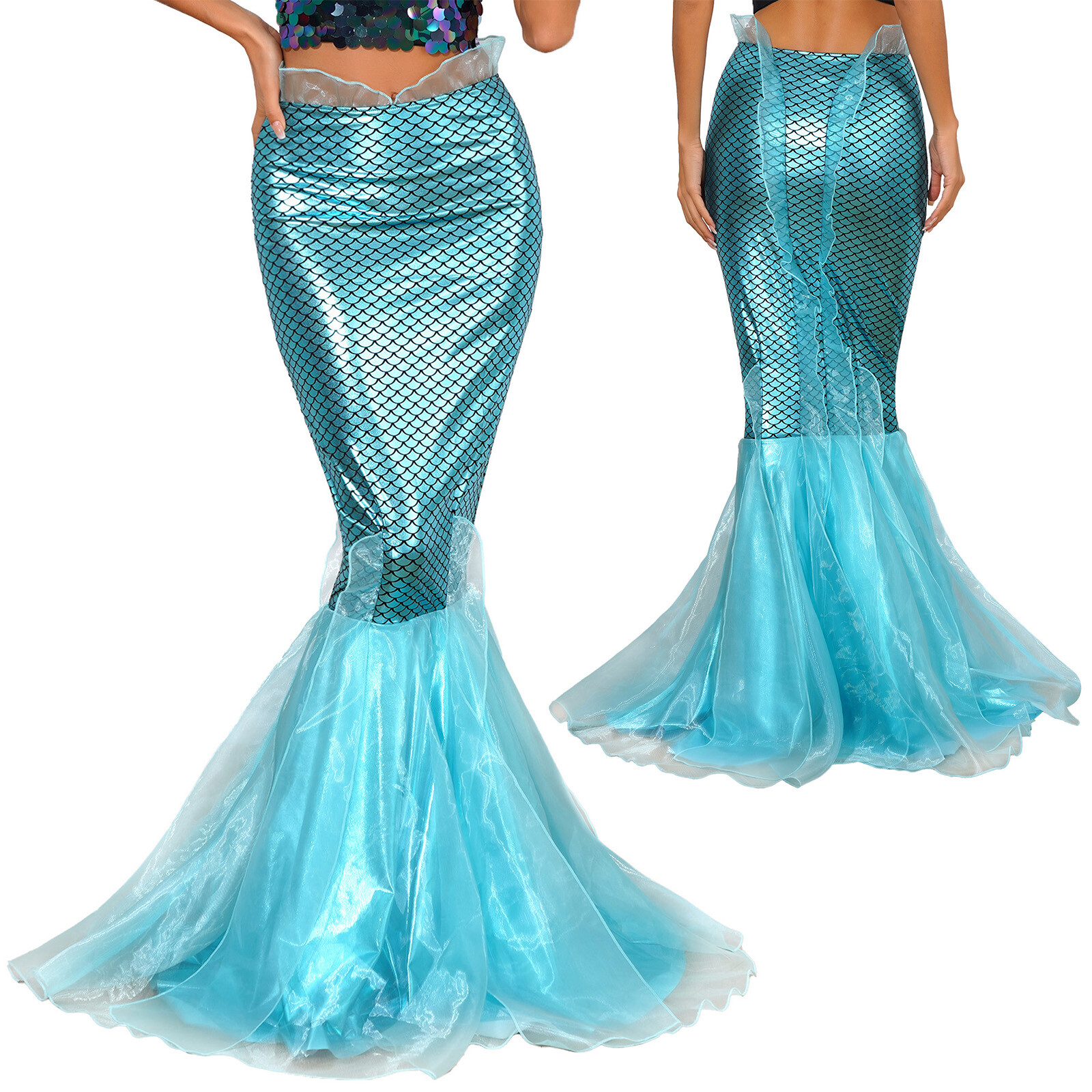 Womens Tail Water Park Mermaid Cosplay Metallic Halloween Maxi Skirts Festival