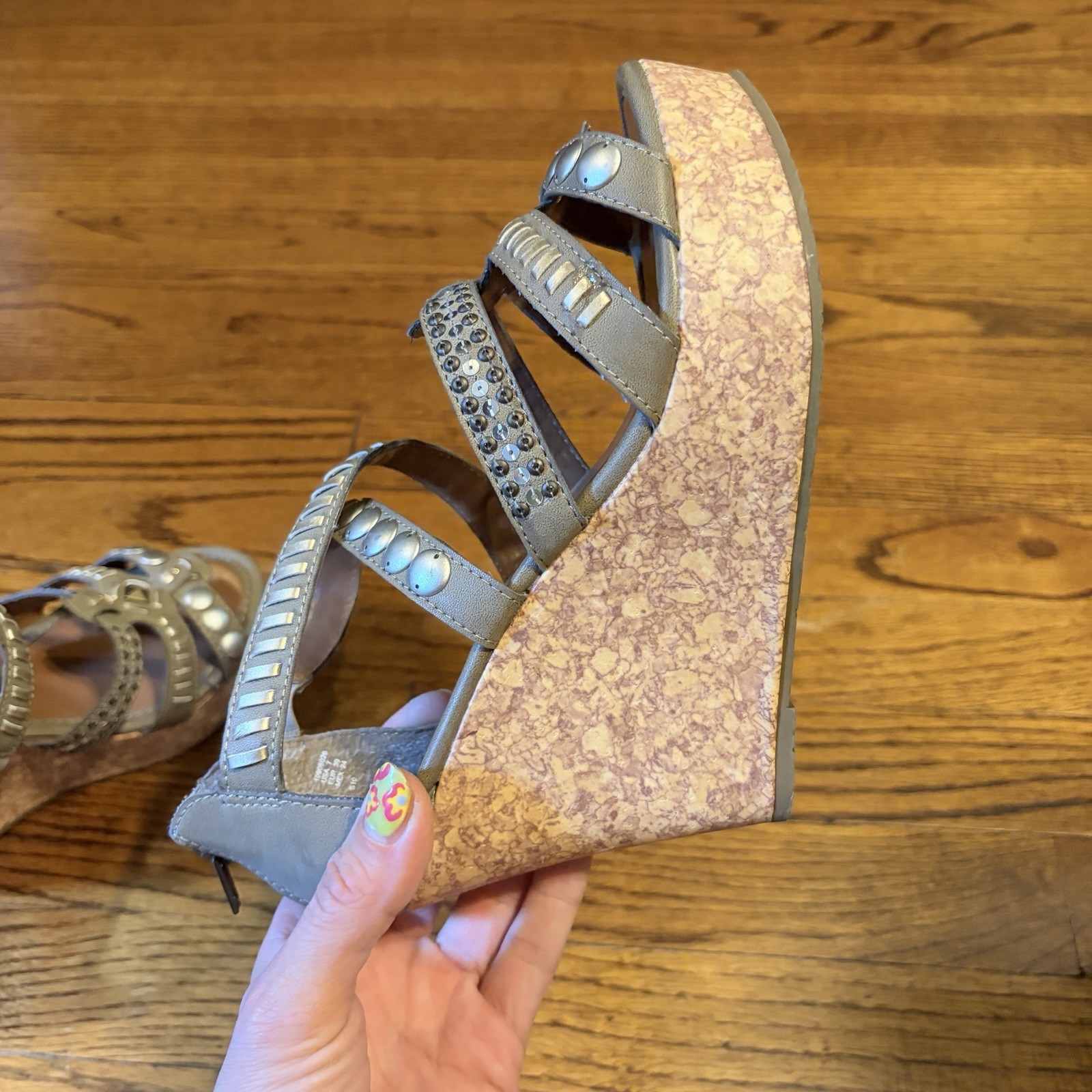 Vintage Y2K LEI Brand Stray Strappy Embellished Cork Wedge Sandals Size 7