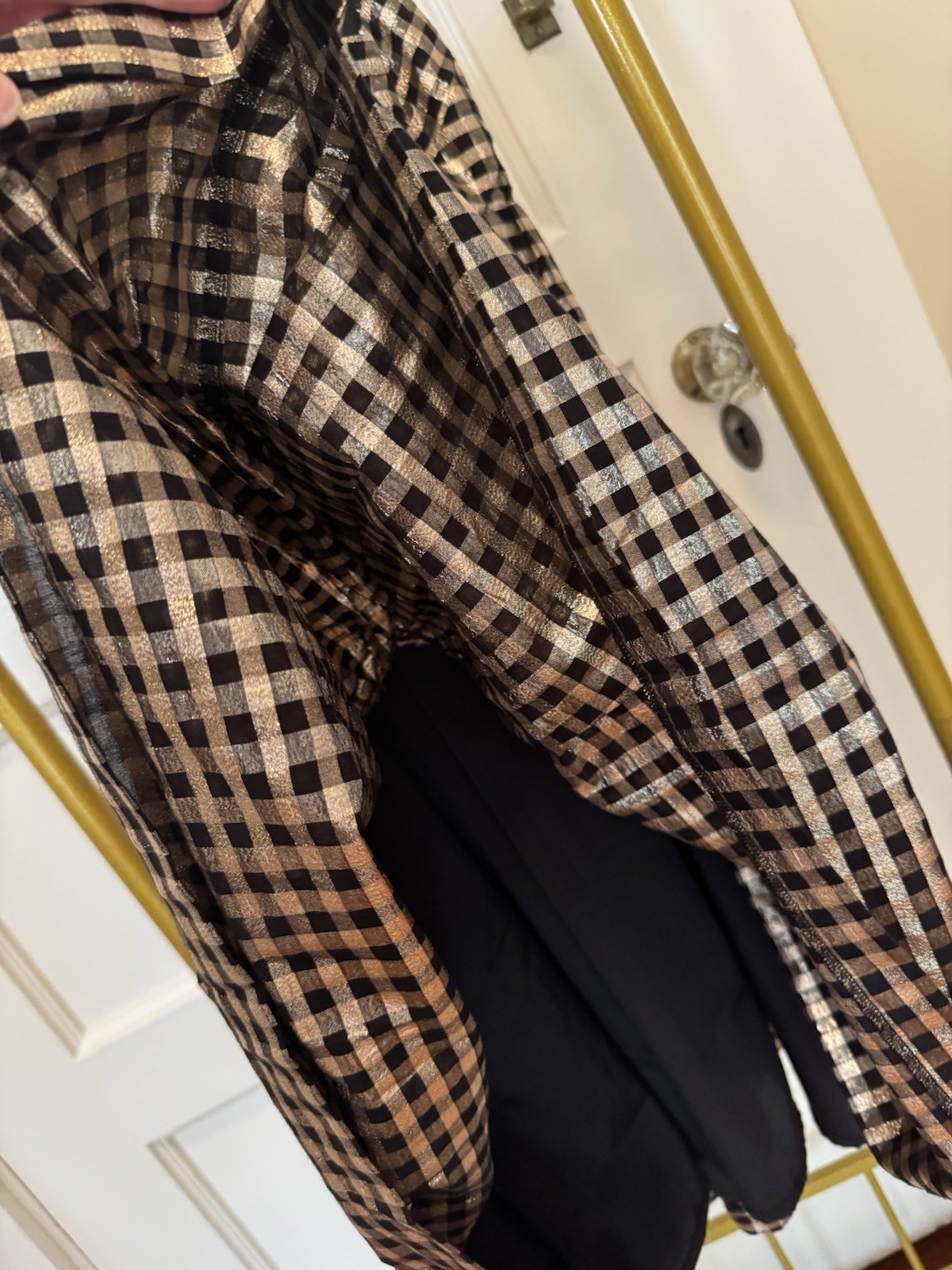 J. Crew Black/Gold Metallic Gingham Tiered Dress, Size 4.