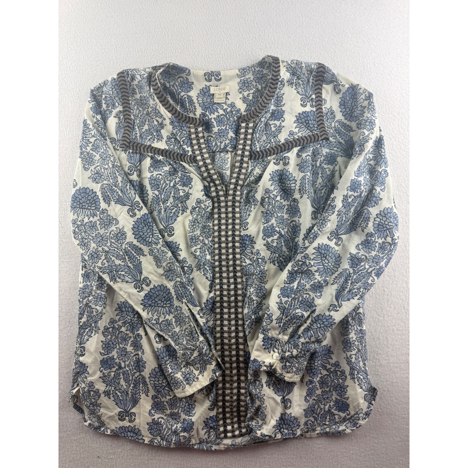 J.Crew Women Blue White Floral Block Print Cotton Split Neck Top B7039 XS