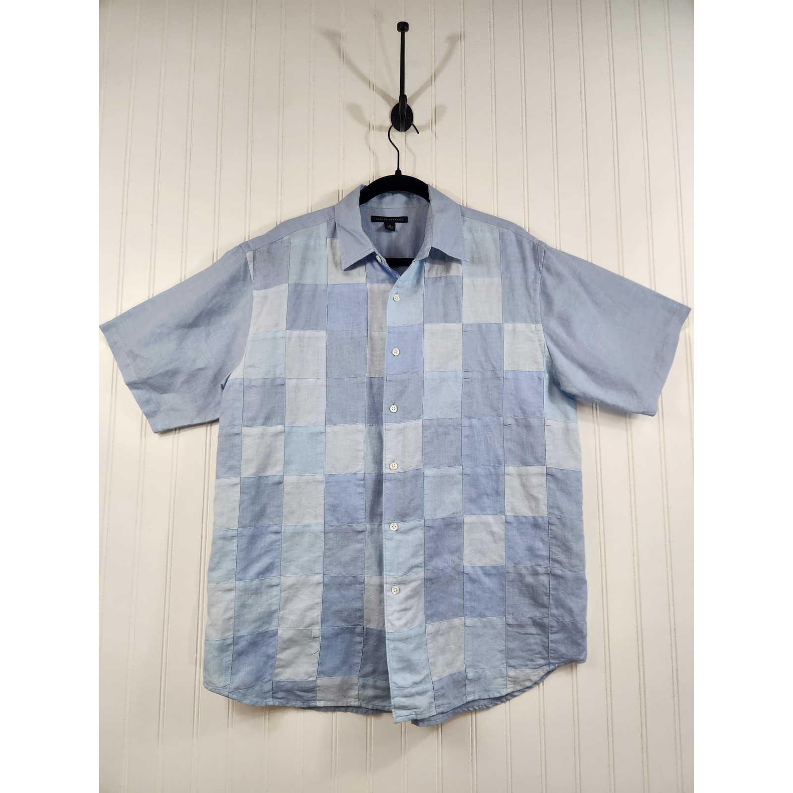 Banana Republic Men Blue Patchwork Linen Cotton Short Sleeve Button Down Shirt M