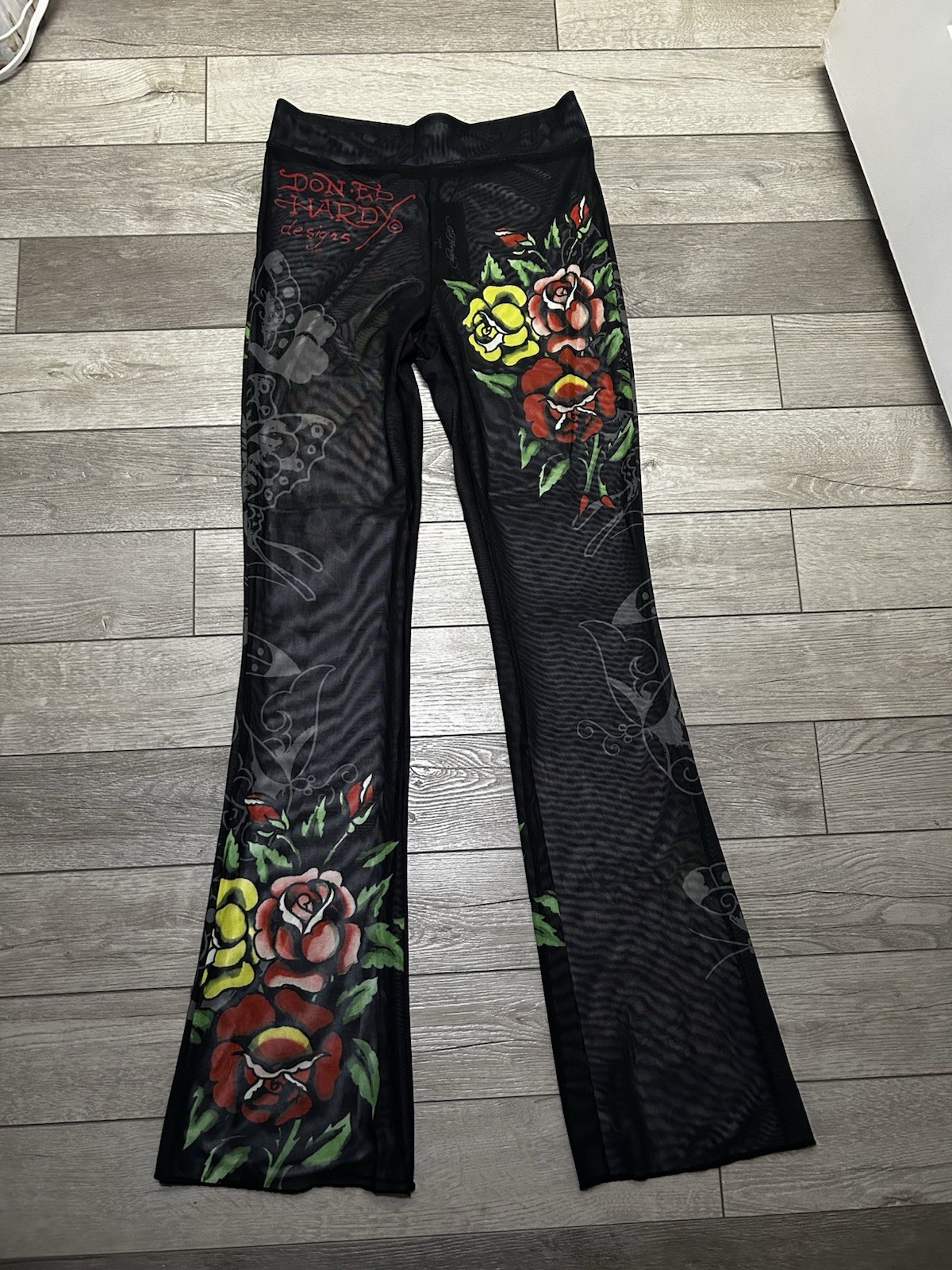 Ed Hardy Women’s Black Mesh Floral Rose Pull-On Stretch Flared Pants M 32″