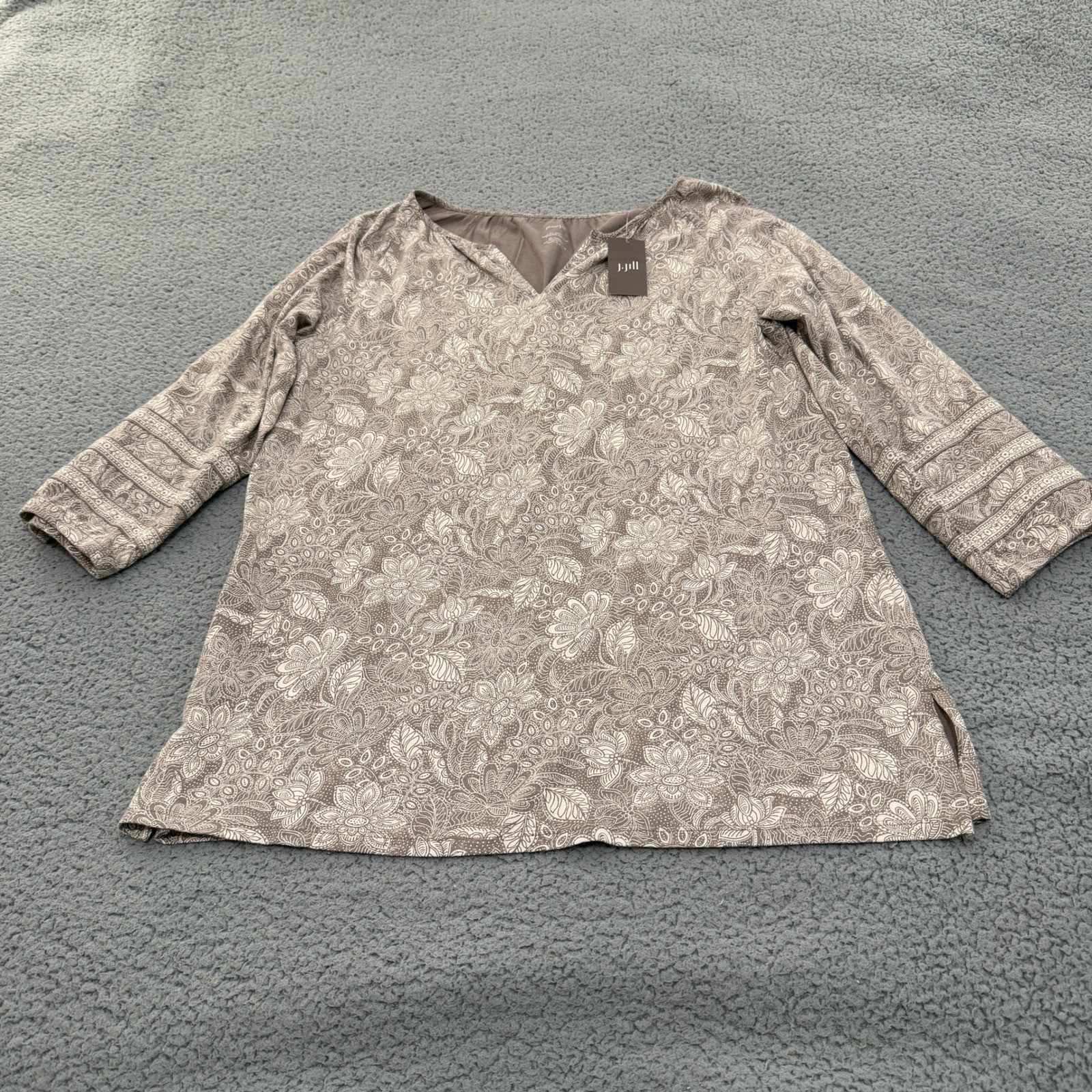J. Jill Shirt Soft Printed Tunic Taupe Floral Paisley 3/4 Sleeve Small NEW
