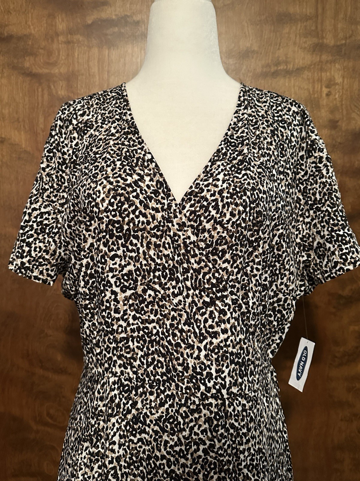 Old Navy Short Sleeve Fall Wrap Dress Womens L Black & Brown Animal Print Midi