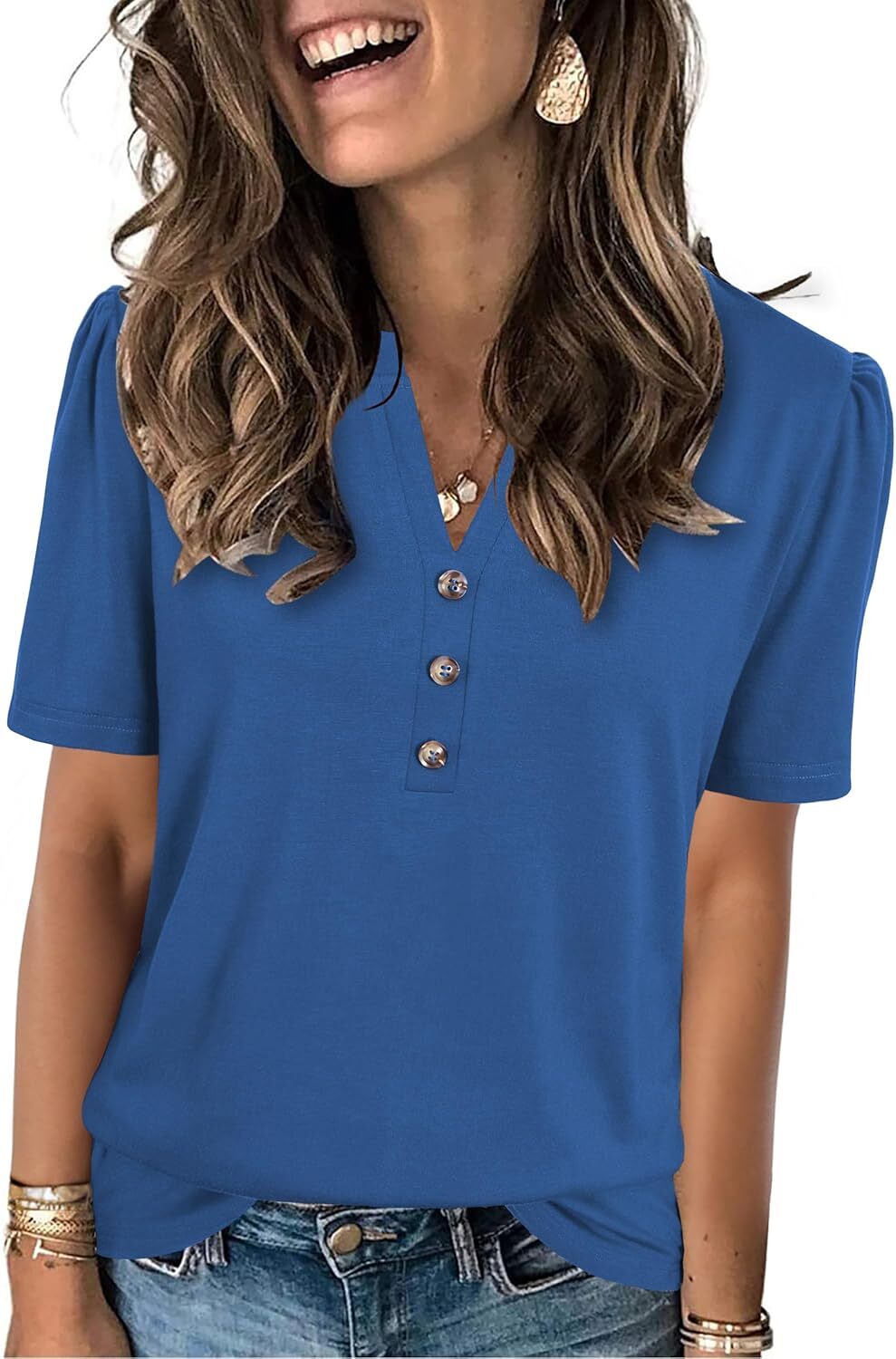 Short Sleeve Womens Casual Shirt Loose Fit V Neck Summer Top Soft Breathable