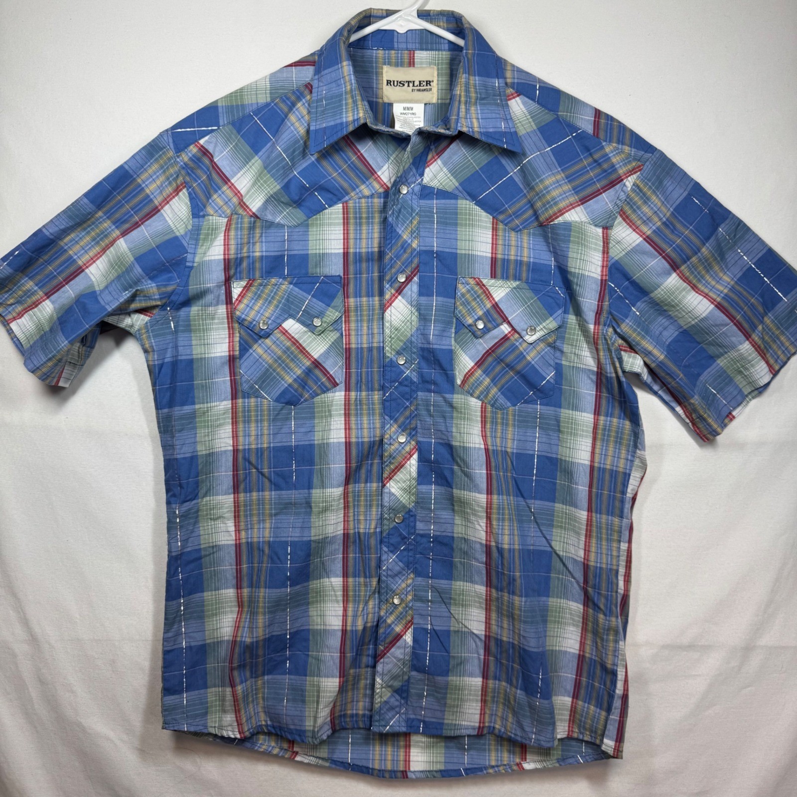 Rustler by Wrangler Mens Plaid Western Shirt Pearl Snaps Short Sleeve Sz Medium