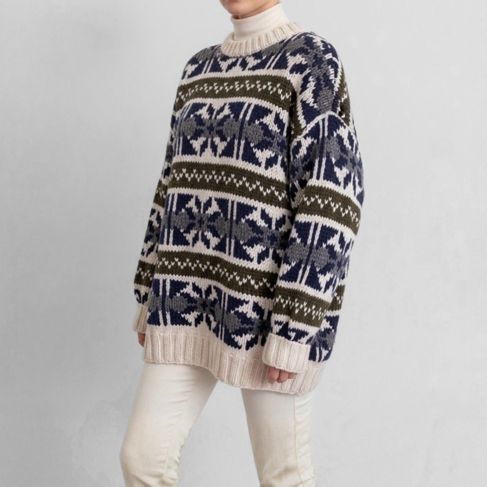 100% Wool Scandi Nordic Fair Isle Sweater Cabincore Apres Jumper Chunky Vintage