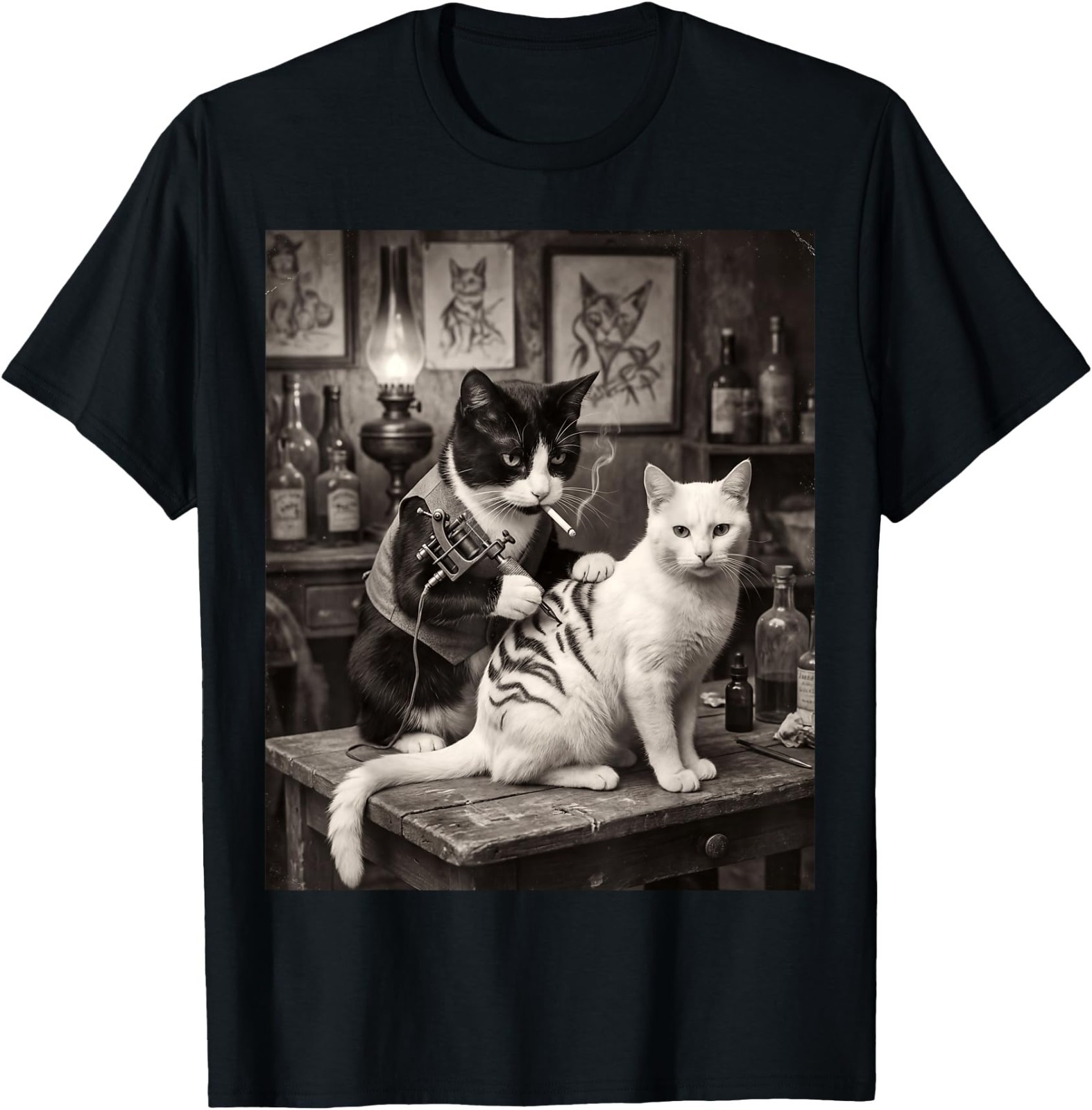 Cat Smoking Tattoo Vintage Inked Kitty Artist Funny Meme T-Shirt