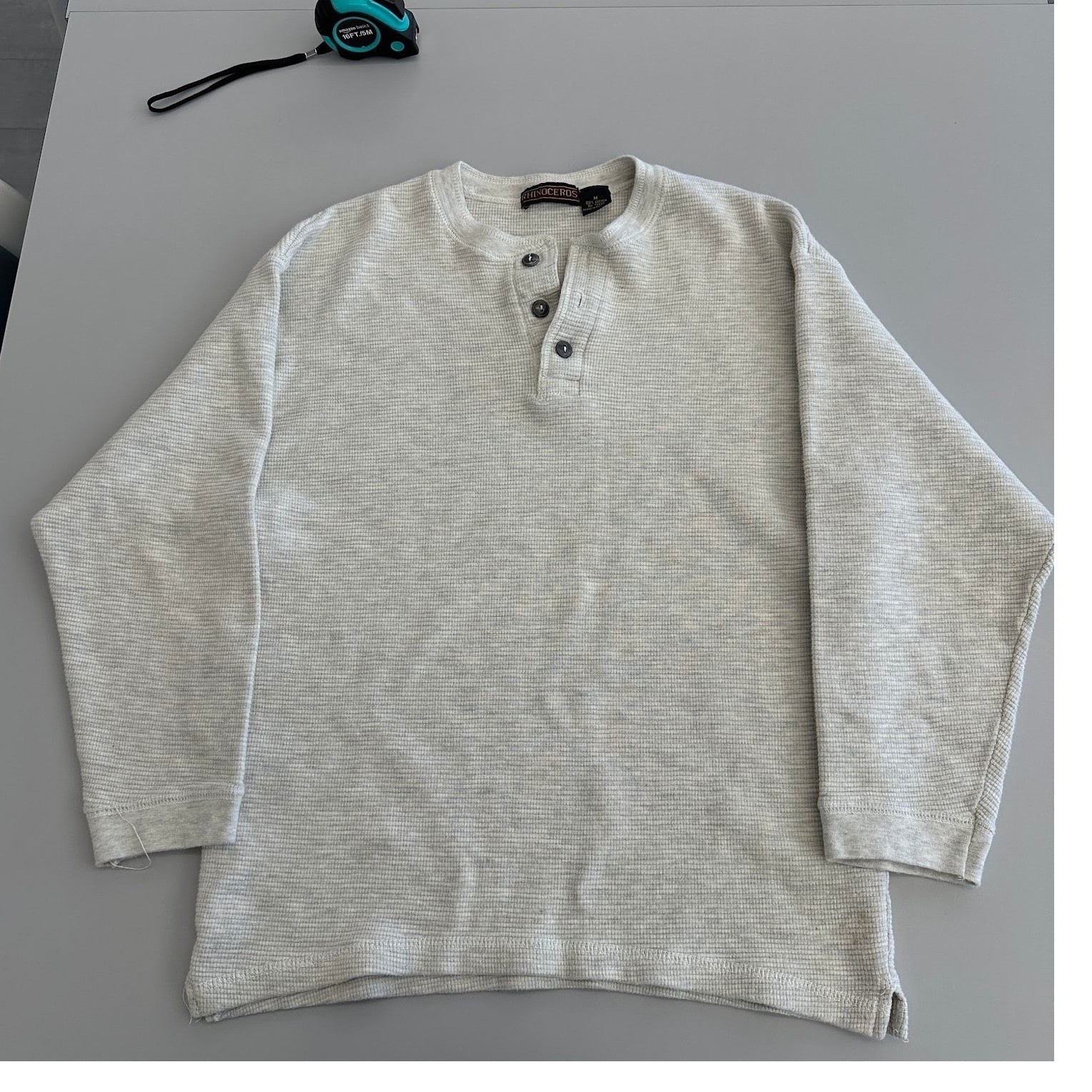 Rhinoceros Mens Henley Shirt Gray Thermal Waffle Knit Cotton Long Sleeve Size M