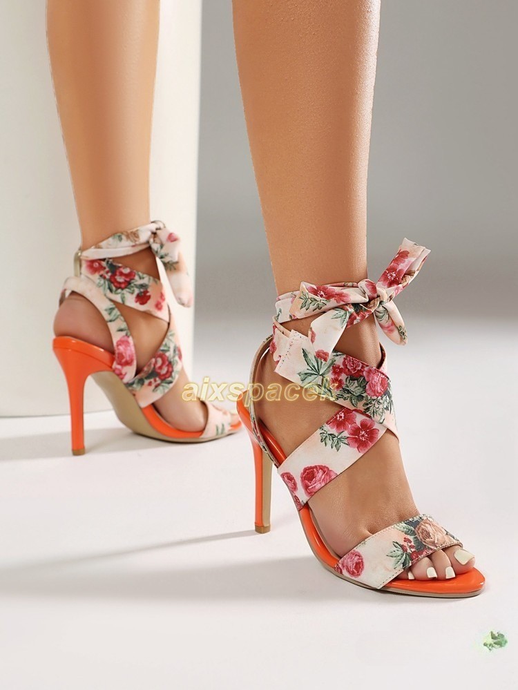Women’s Floral Print Bow Stiletto Heels Open Toe Ankle Strap Sandals Shoes Pumps