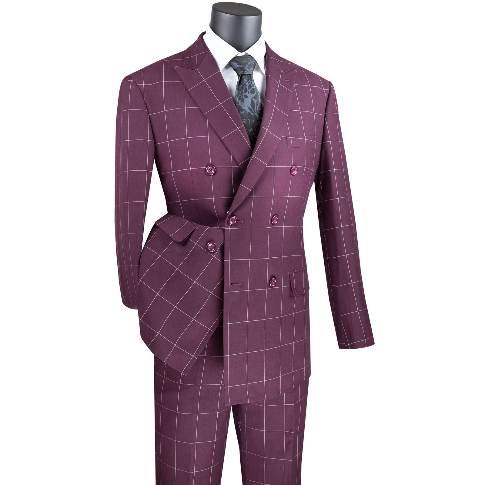 VINCI Men’s Burgundy Windowpane Double Breasted 6-Button Modern Suit – NEW