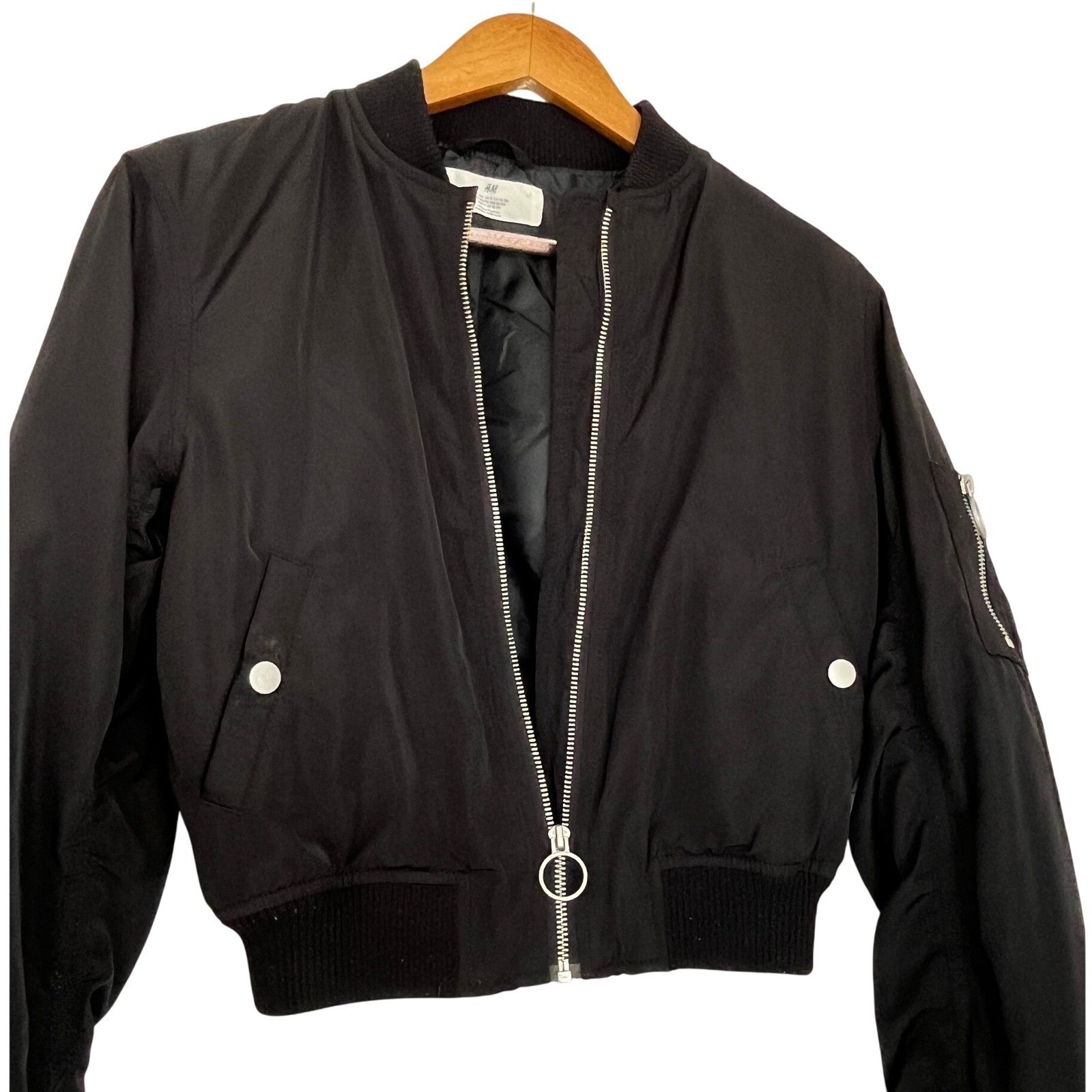 H M Black Bomber Jacket Full Zip Ring Detail Ribbed Cuffs Sz 10 11