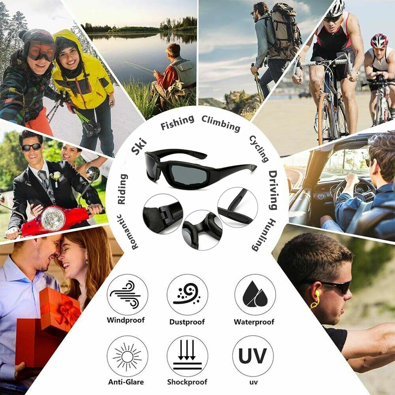 3 Pairs Chopper Padded Foam Wind Resistant Sunglasses Motorcycle Riding Glasses