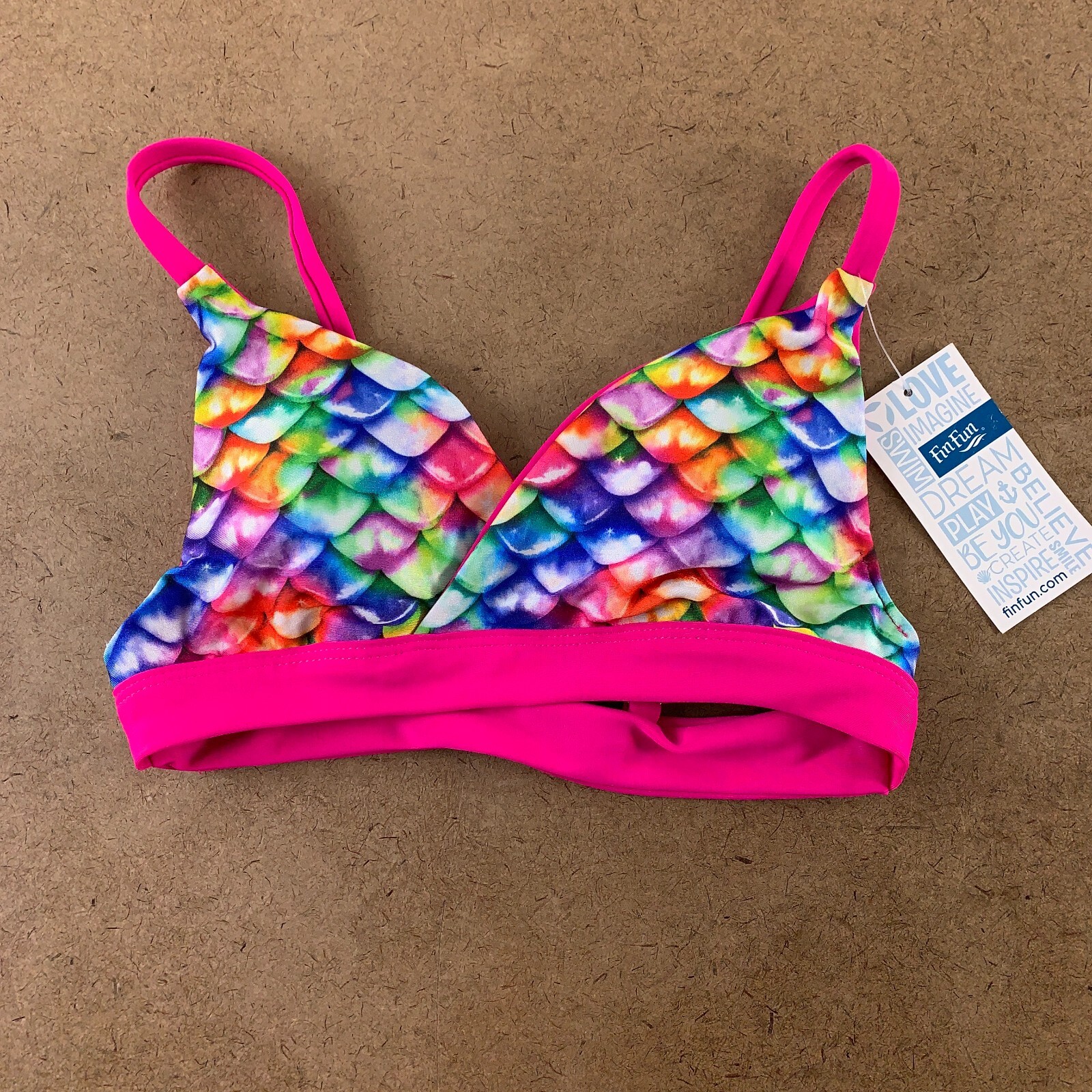Fin Fun Girls Size Large Rainbow Reef Pink Reversible Bikini Top NWT