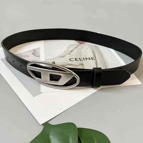 Unisex Black Leather Belt with Diesel D Metal Buckle – Stylish for Jeans