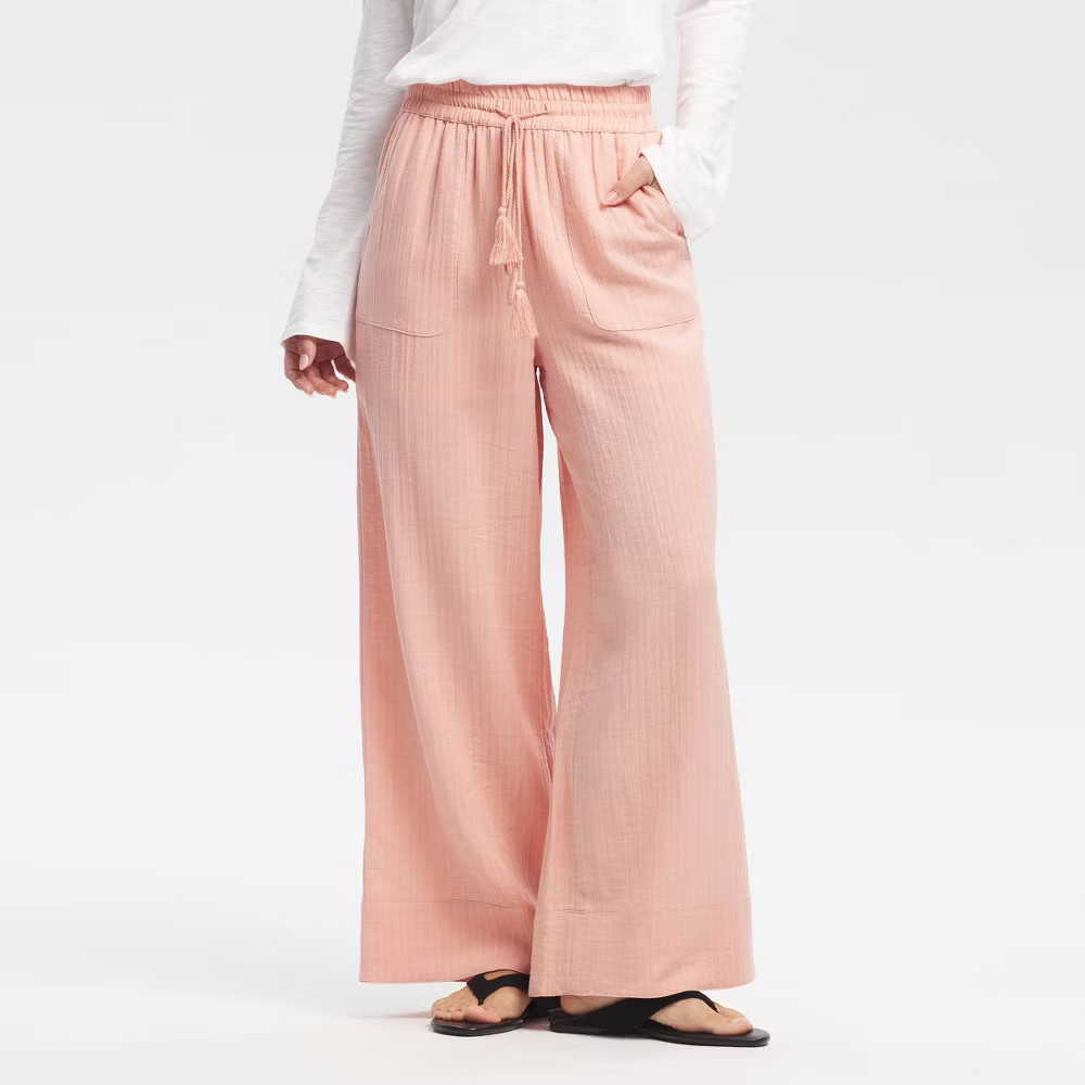 Women High-Rise Tassel Drawstring Waist Wide Leg Pants – Universal Thread Pink