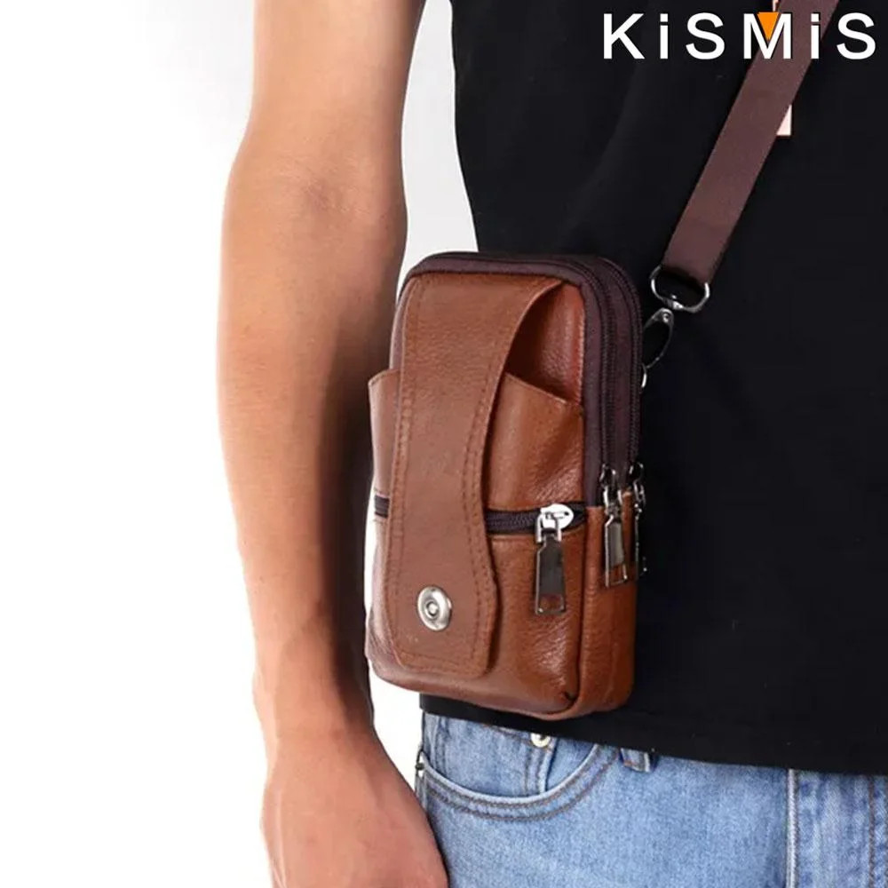 Fashion Men’s Leather Waist Bag Multifunction Fanny Pack Large
