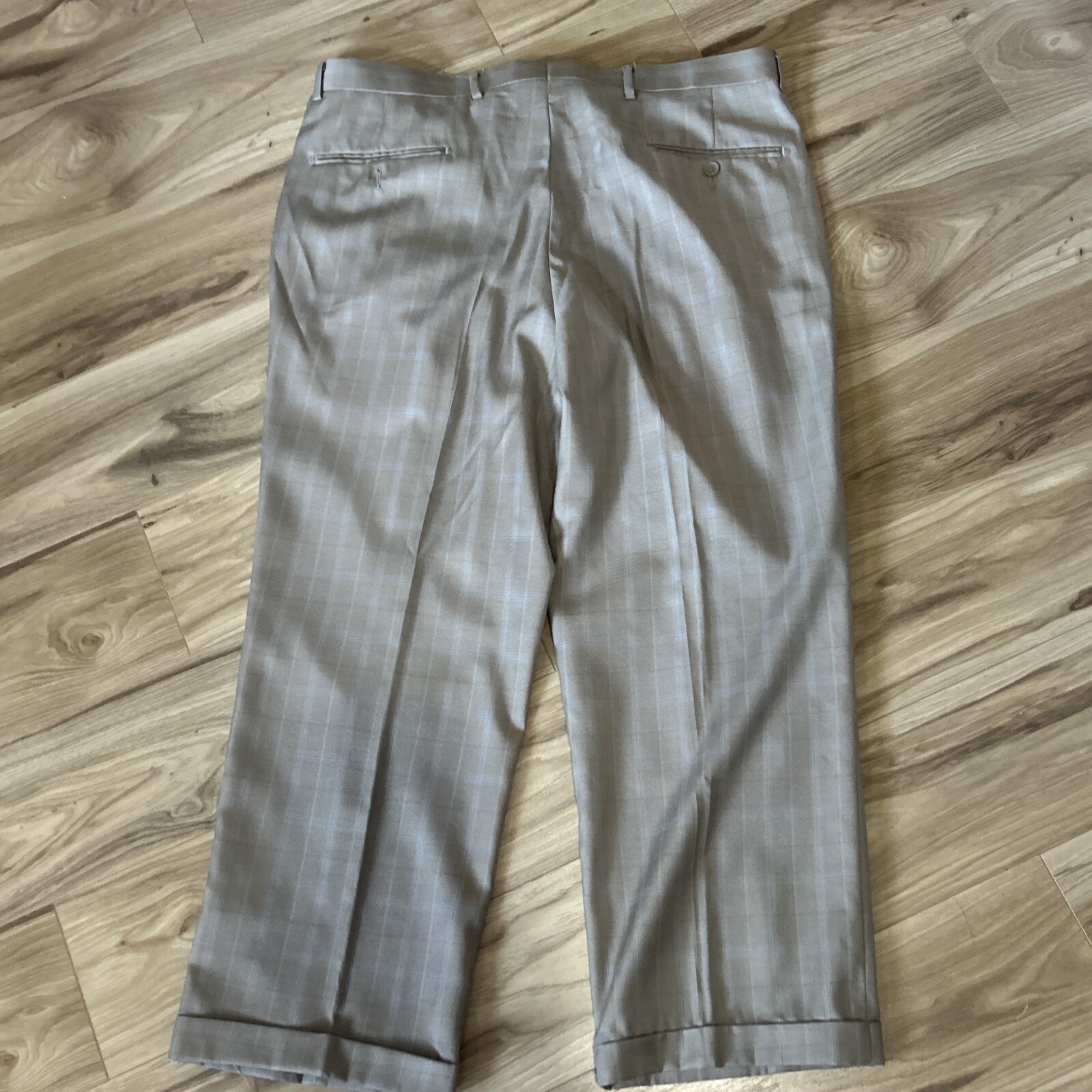 Lineage Men’s Suit Pant 38S Blazer 44S Tan Plaid Cuffed Business Stretch EUC