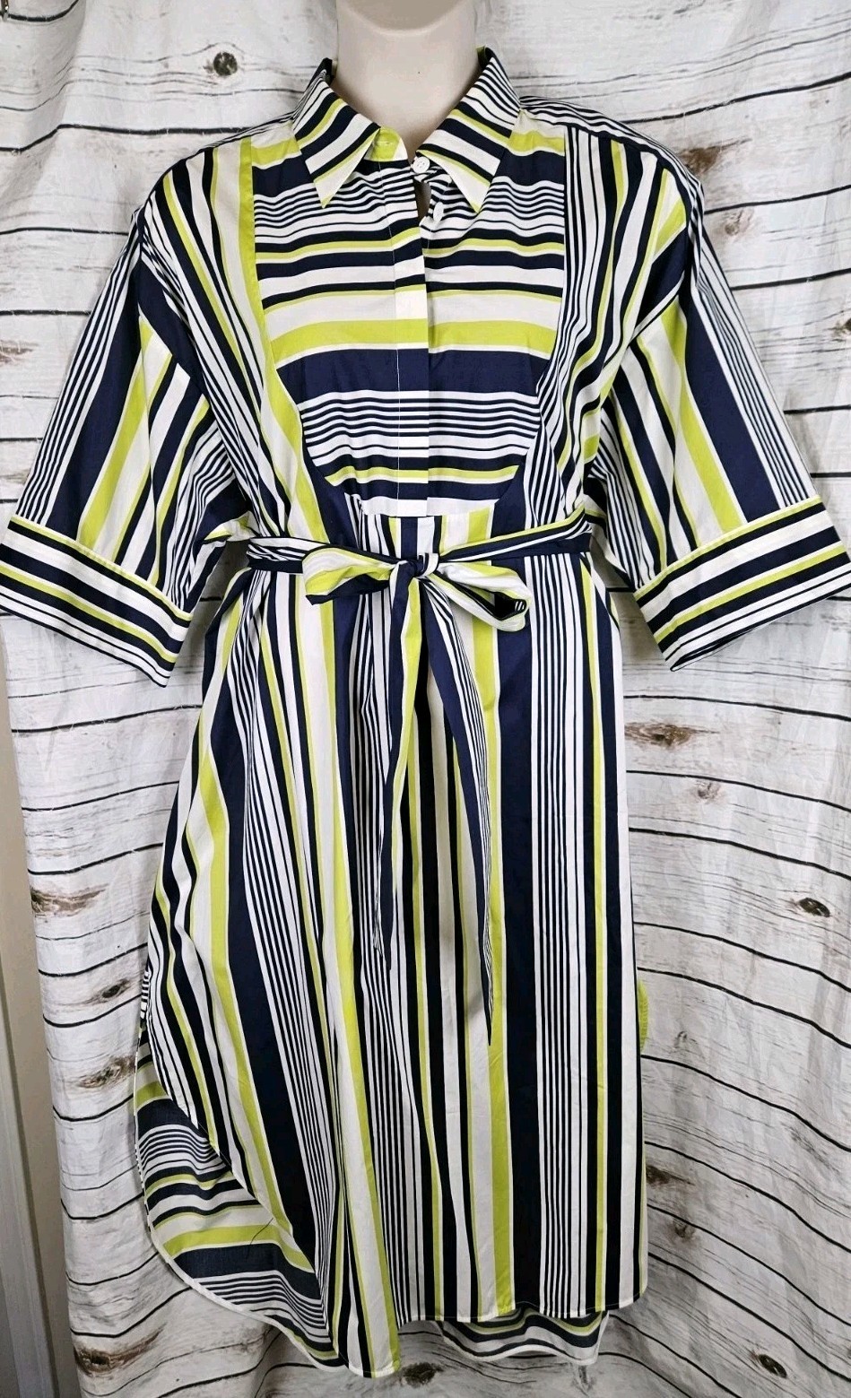 Carla Rockmore Striped Shirt Dress XL Midi NEW Cotton Blend Navy Green