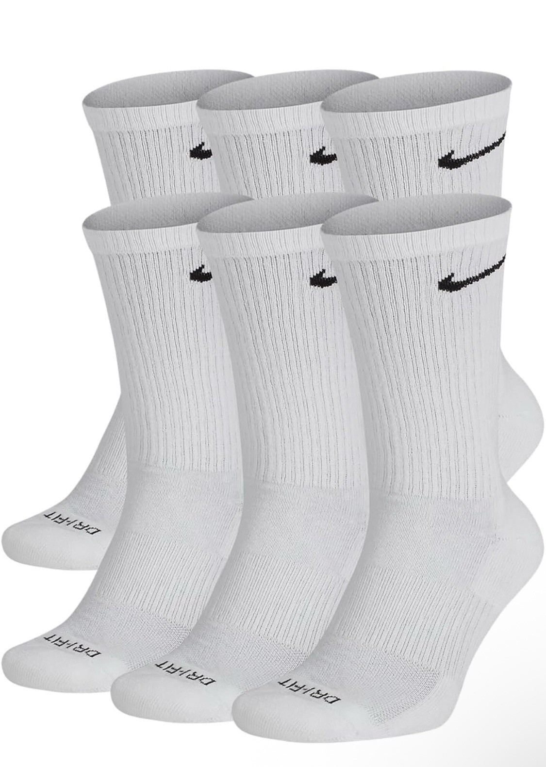 NIKE Dri-FIT Everyday Training 6-Pack Crew Socks Large (8-12) White