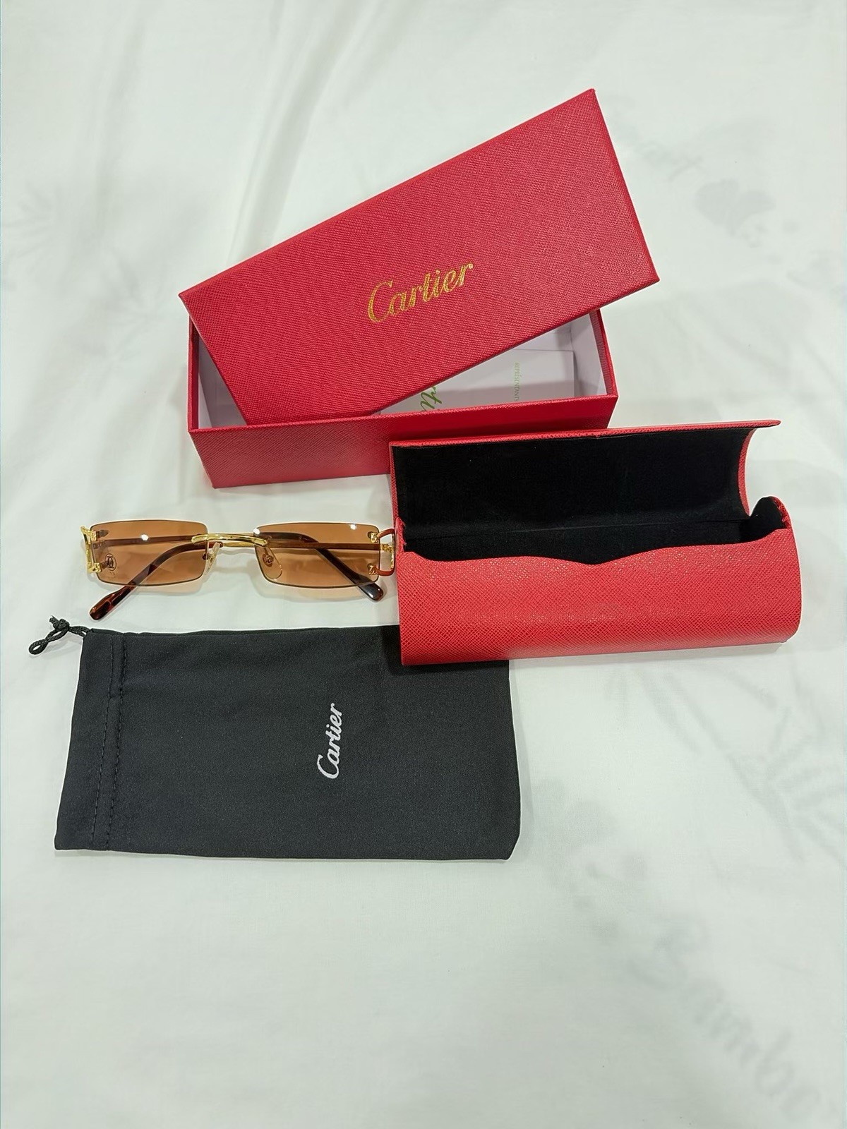 Cartier Rimless Rectangle Sunglasses Gold Metal Frame Brown Tinted Lenses Case