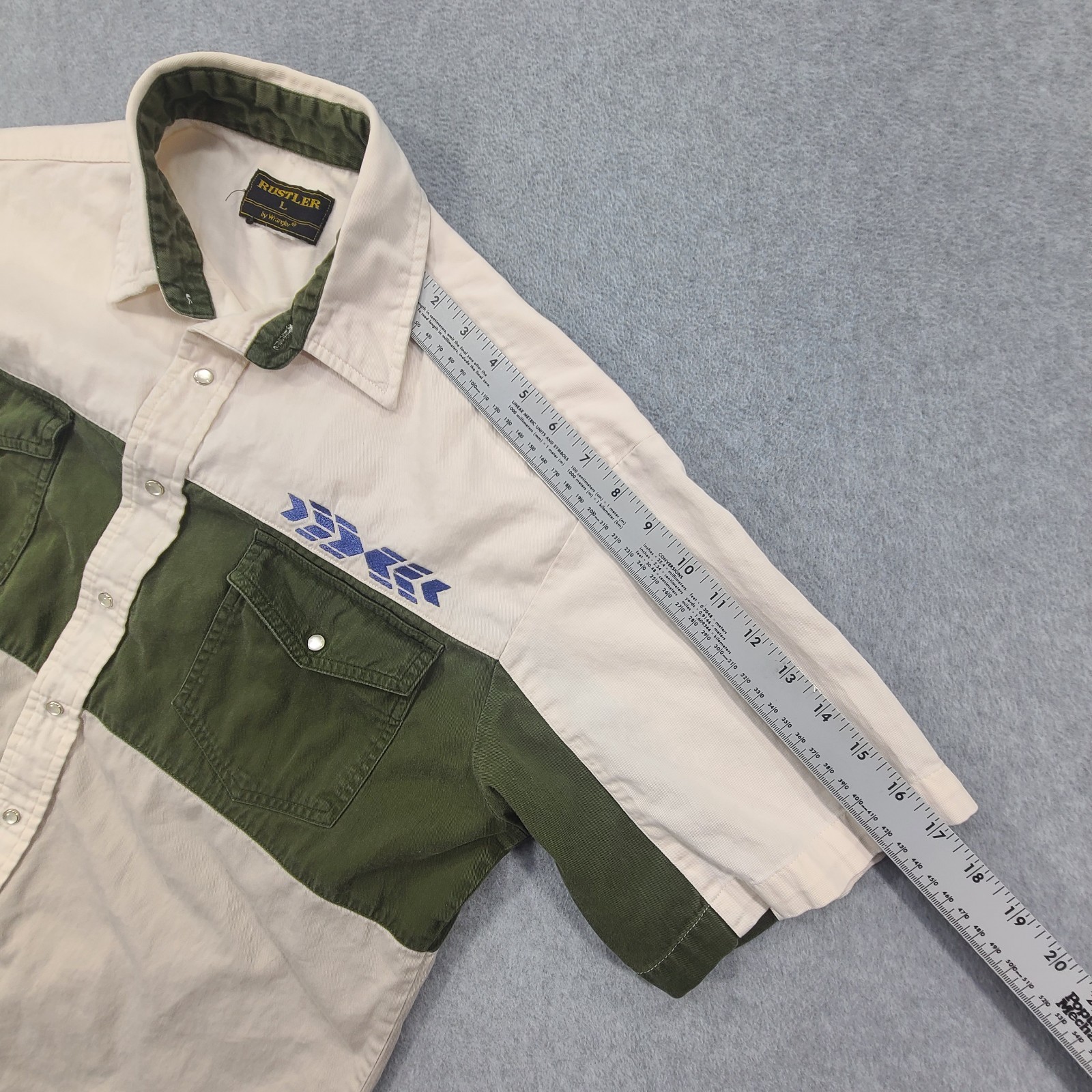 Vtg Rustler by Wrangler Western Shirt Men Large Green Off White Pearl Snap Aztec