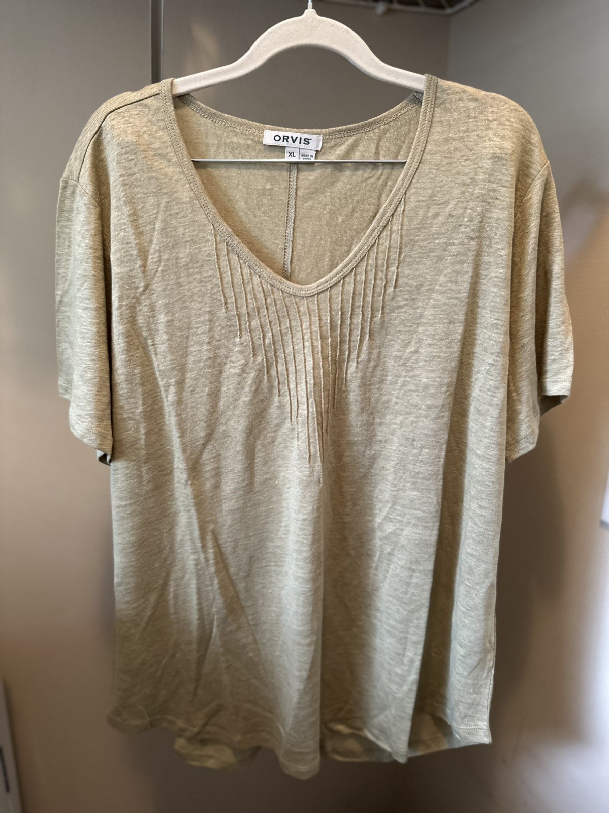 Orvis Linen Minimalist Green Pintuck Womens Short Sleeve Top XL Granola Coastal
