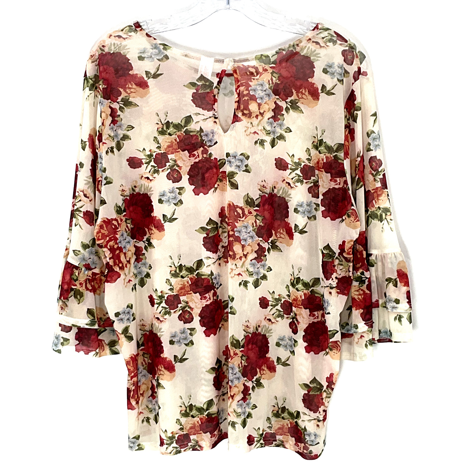 No Boundaries Top Women 3XL Floral Multicolor Mesh Semi Sheer 3/4 Sleeve Ruffle