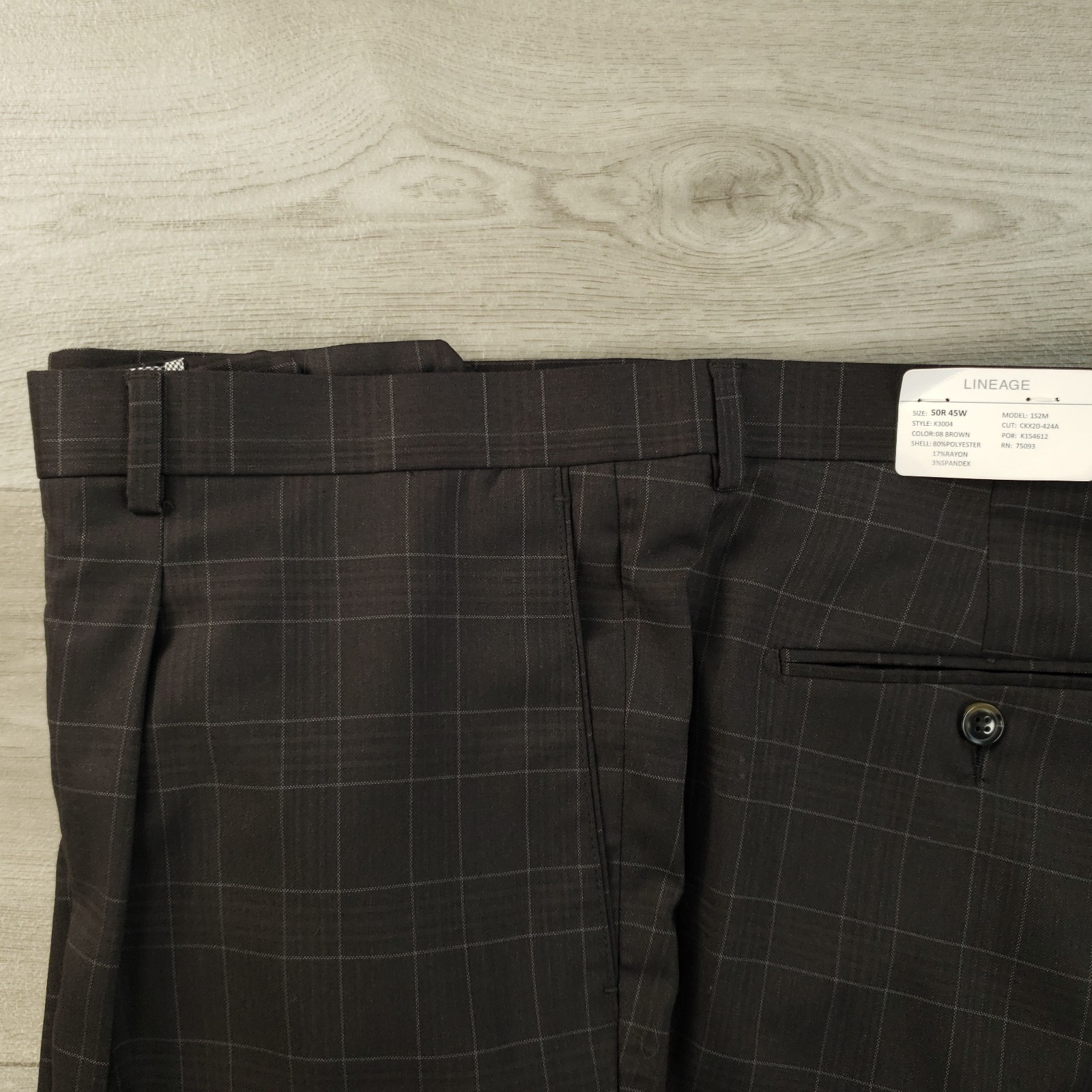 Lineage Dress Pants Trousers Mens Size 45X37* (act 44X27.5) Pleated Plaid Brown