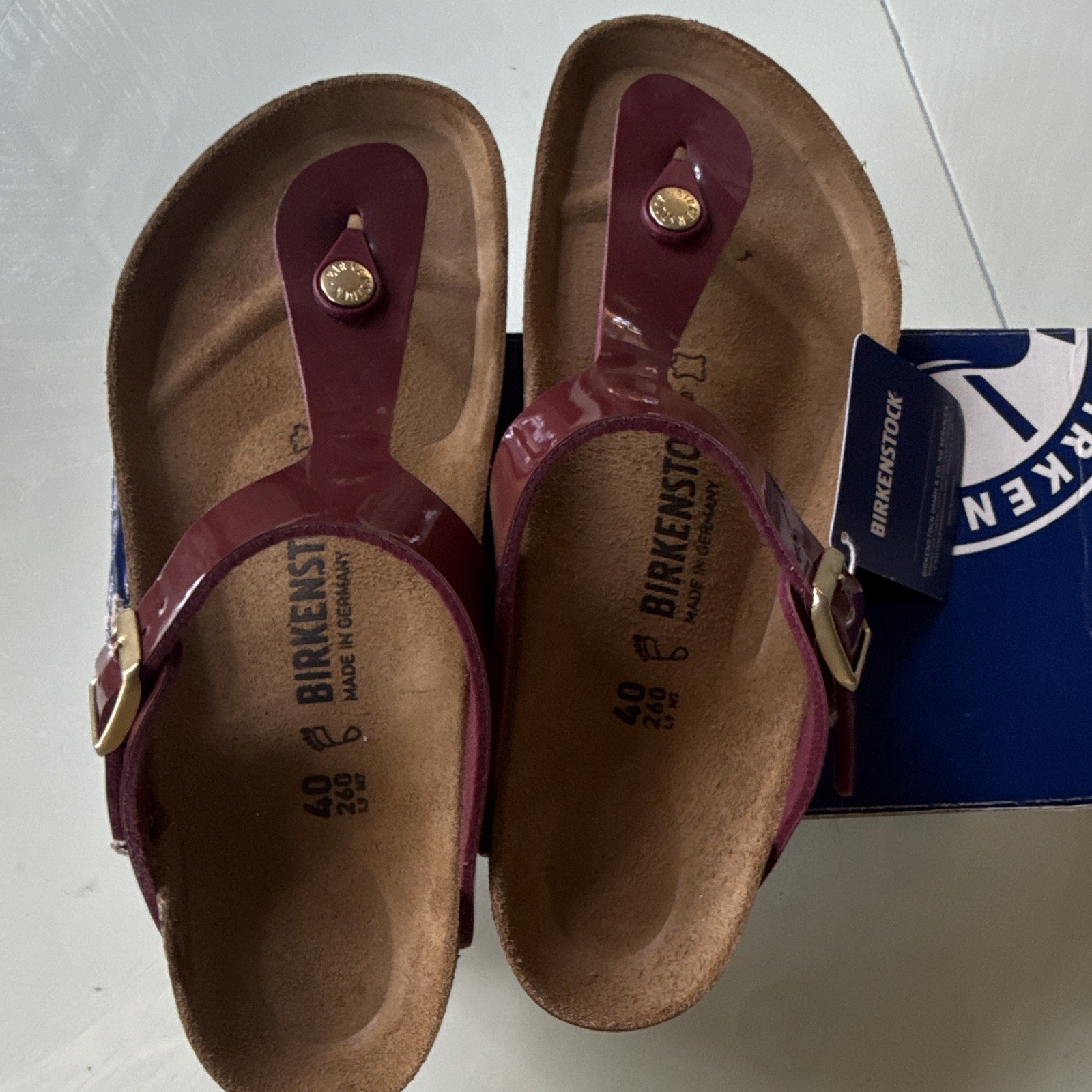 Birkenstock Gizeh Patent Bordeaux Thong Sandals Burgundy Cork Footbed EU 40 US 9