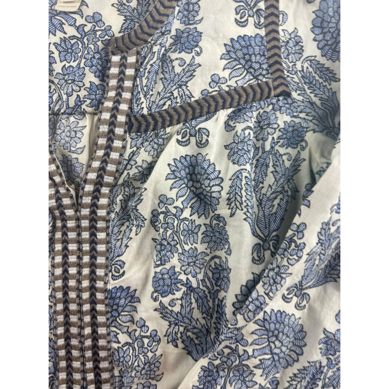 J.Crew Women Blue White Floral Block Print Cotton Split Neck Top B7039 XS