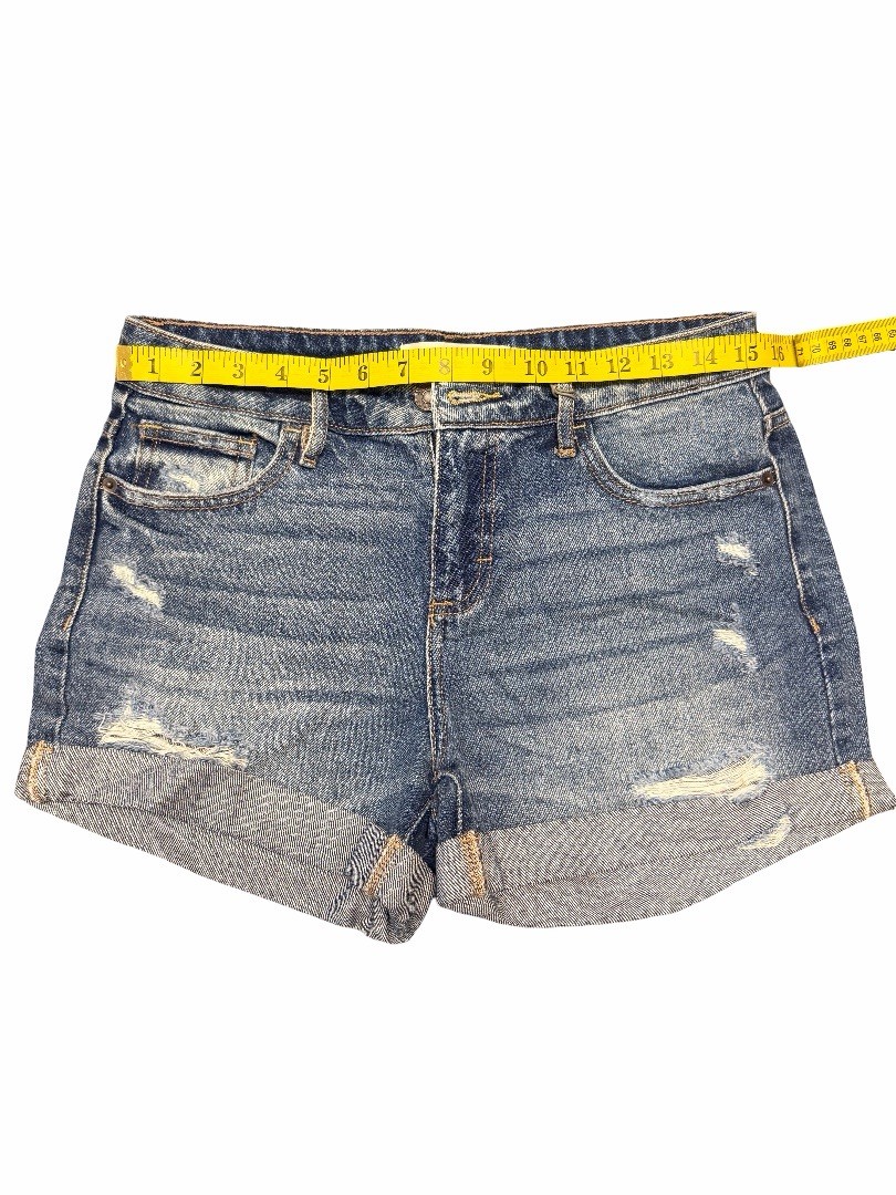 HIDDEN Women’s Blue Distressed Denim Shorts Size S High Rise Cuffed 3” inseam