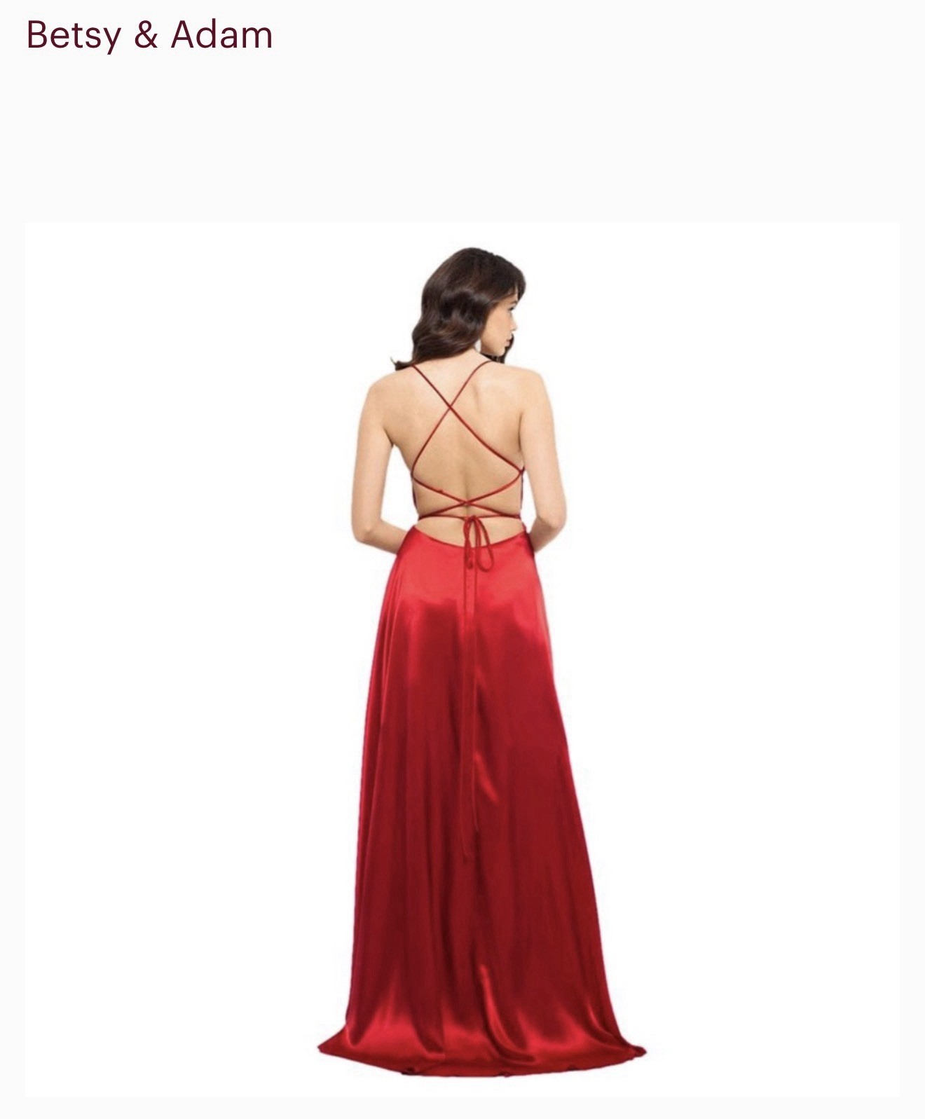 Betsy & Adam Red Satin Long Gown Size 8 Scoop Neck Open Back Pockets Zip
