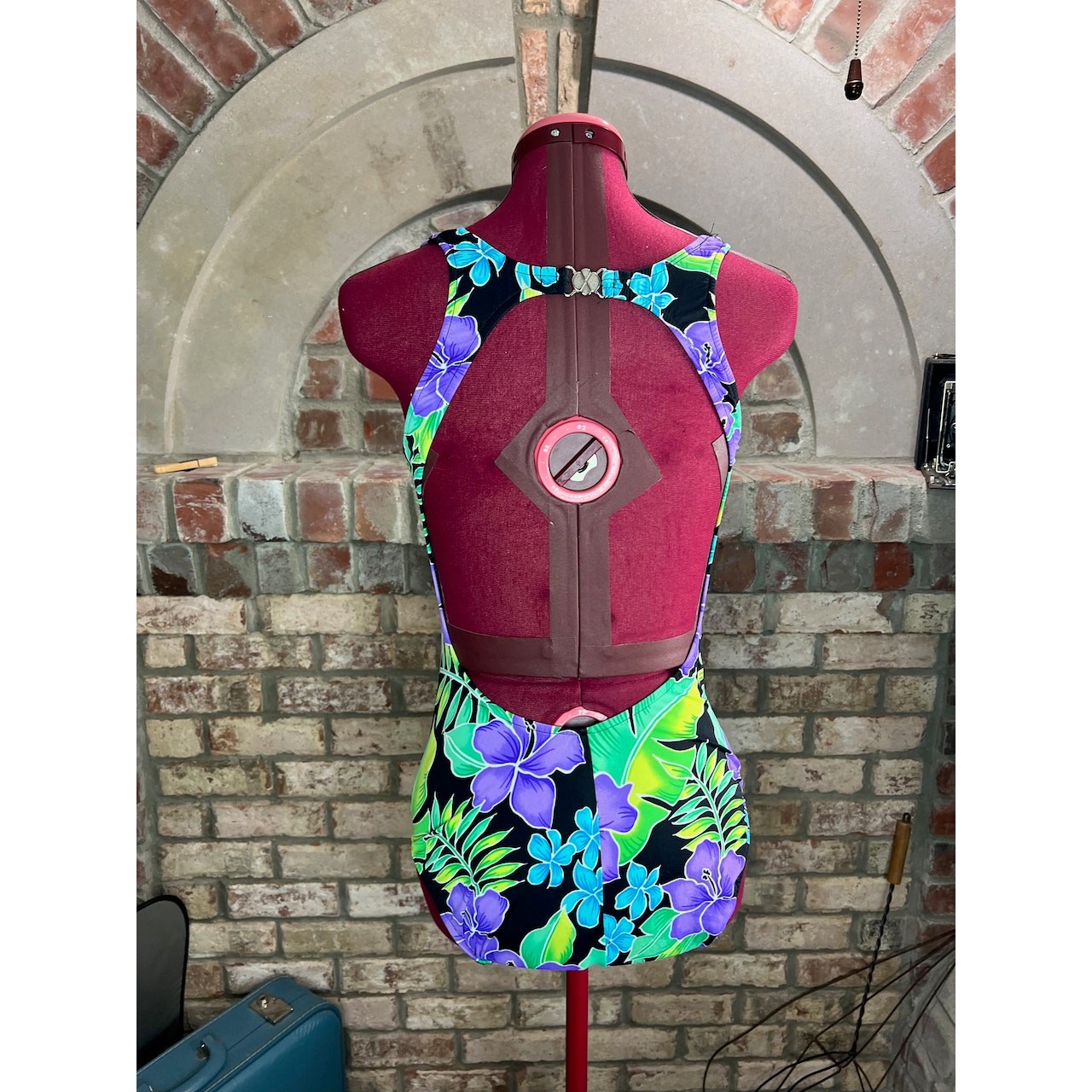 one piece swimsuit floral bright purple green blue