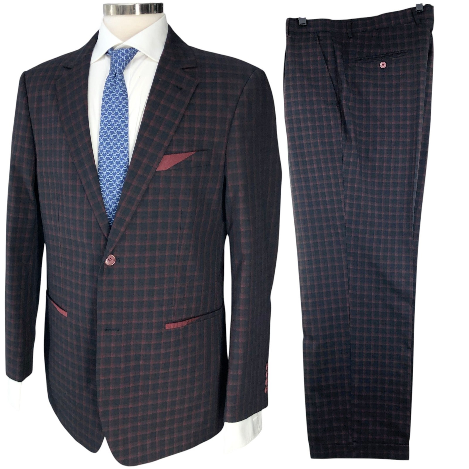 Lineage Suit Mens 42R Black Red Windowpane Check Two Piece Tailored Jacket Pants