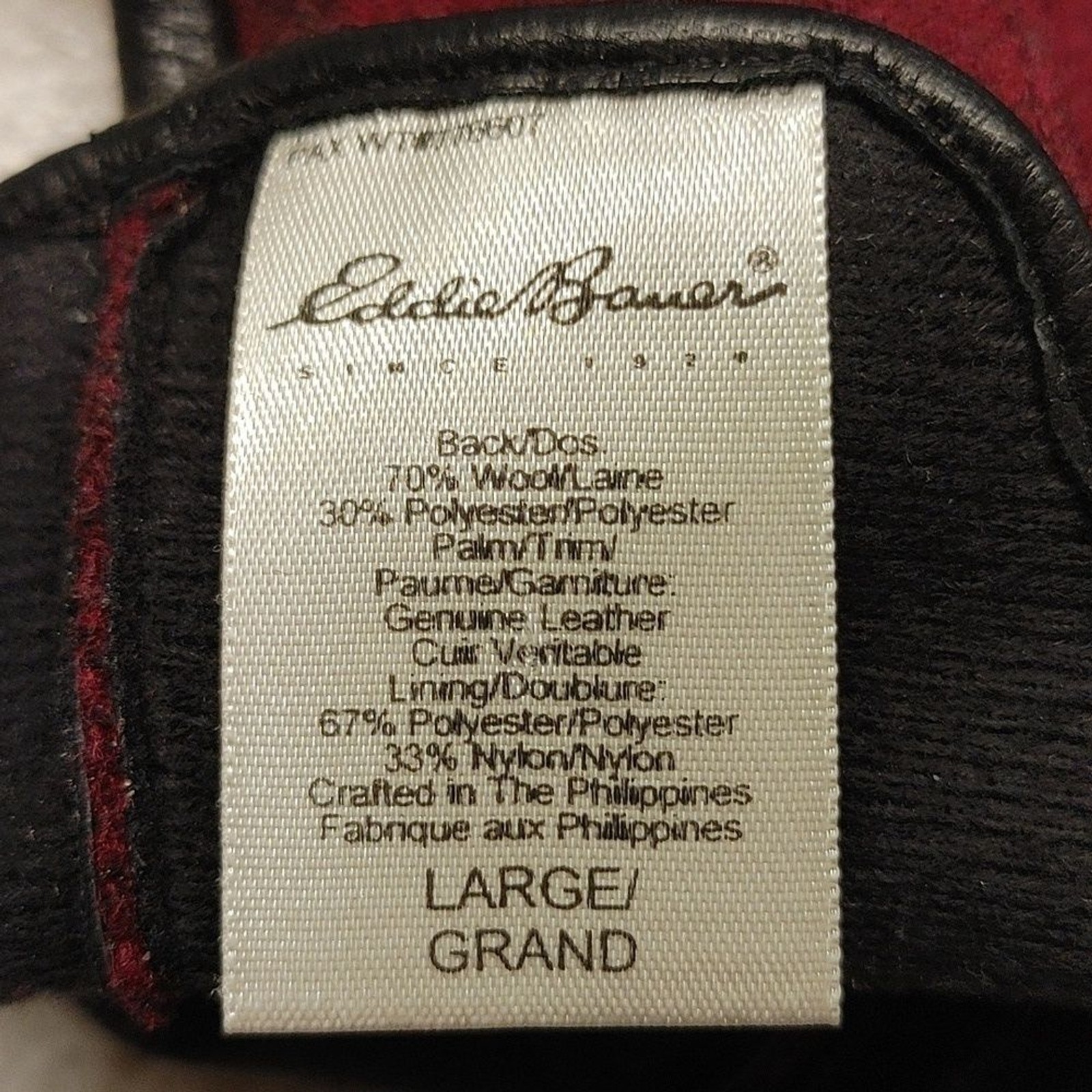 Vintage Eddie Bauer Wool and Leather Gloves Size L