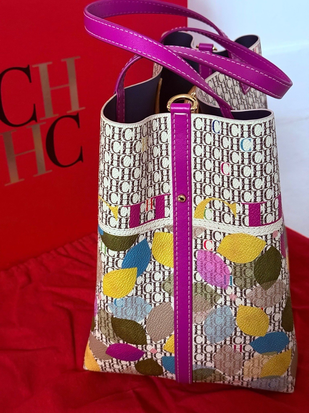 Carolina Herrera CH Monogram Multicolor Tote Purple Double Handles Padlock Key