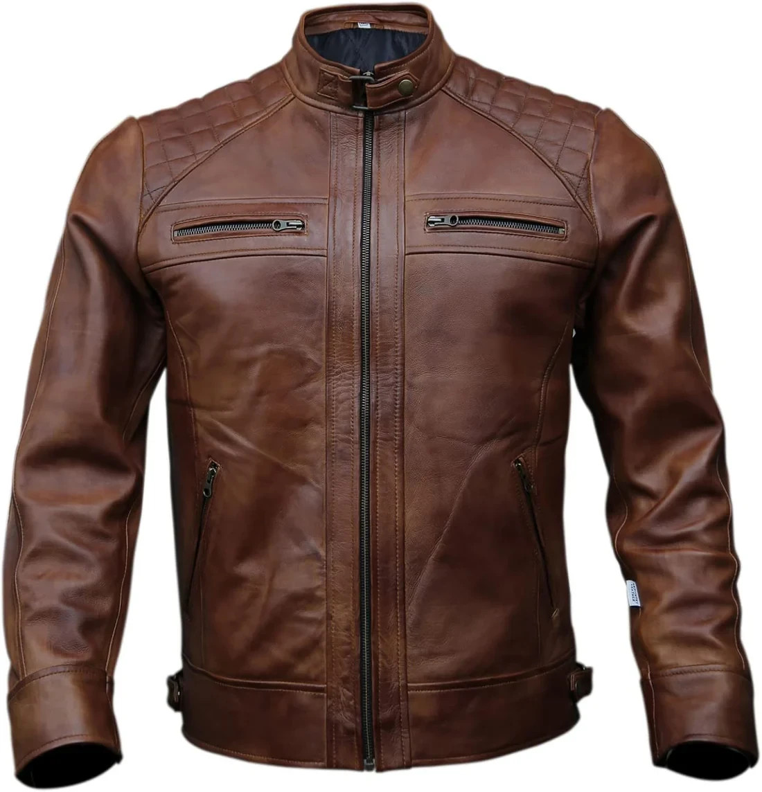 Men’s Biker Leather Jacket – Slim Fit Diamond Quilted Motorcycle Style