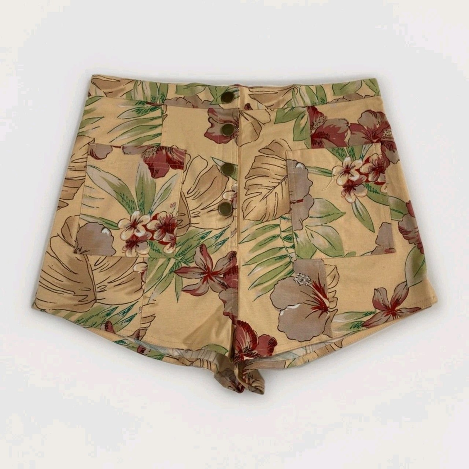 Urban Outfitters Shorts Womens L Beige Floral High Rise Button Boho Cotton