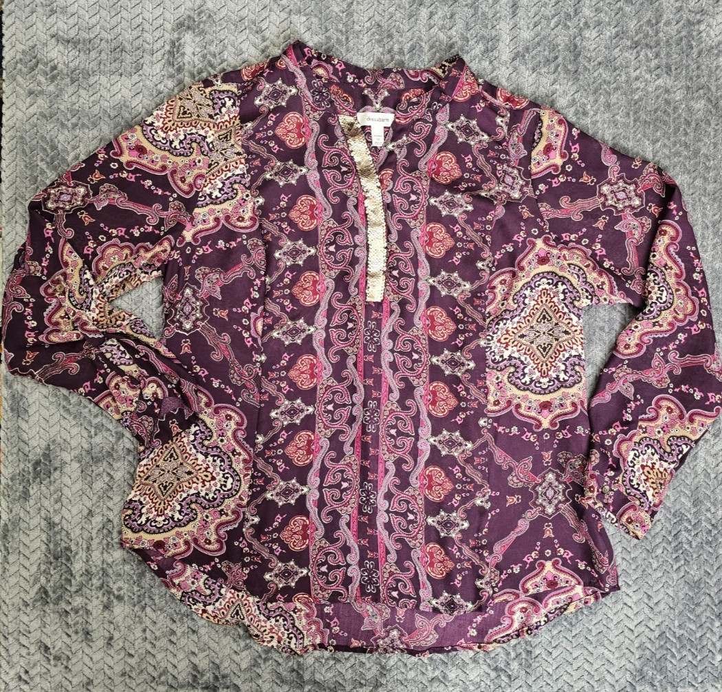 Dress Barn Womens Tunic Top Size 1X Plum Paisley Split Neck Slit Sleeve Boho