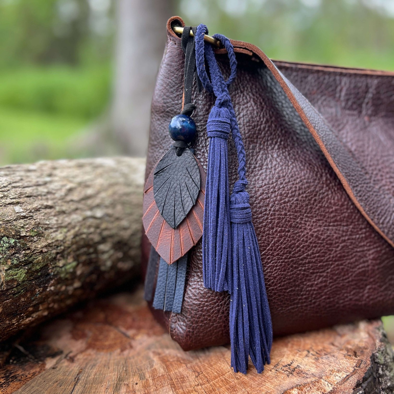 Leather Feather Tassel Bag Charm – Black, Brown and Navy
