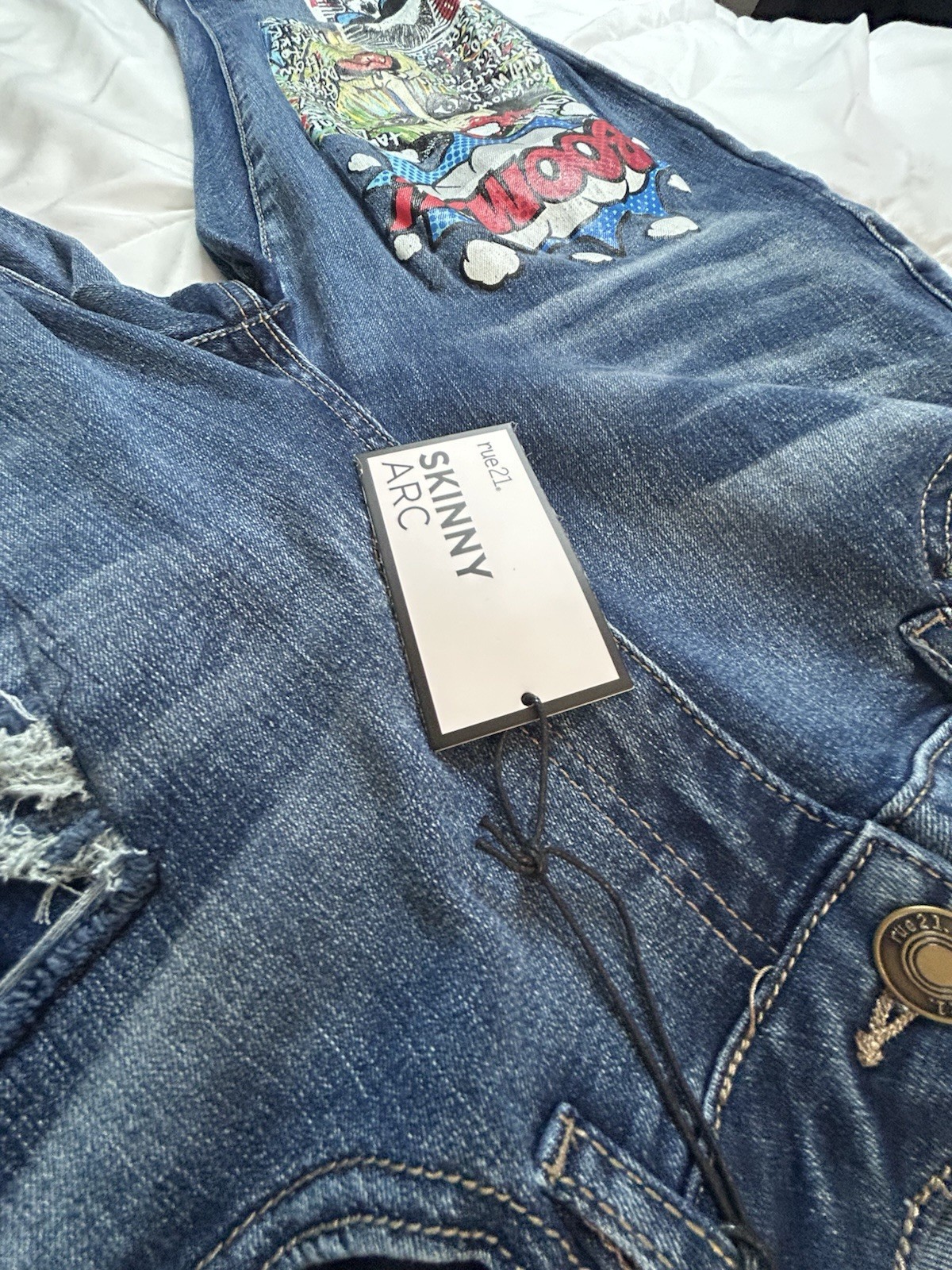 rue21 Men’s Blue Skinny Denim Jeans Distressed Comic Graphic Print Size 34