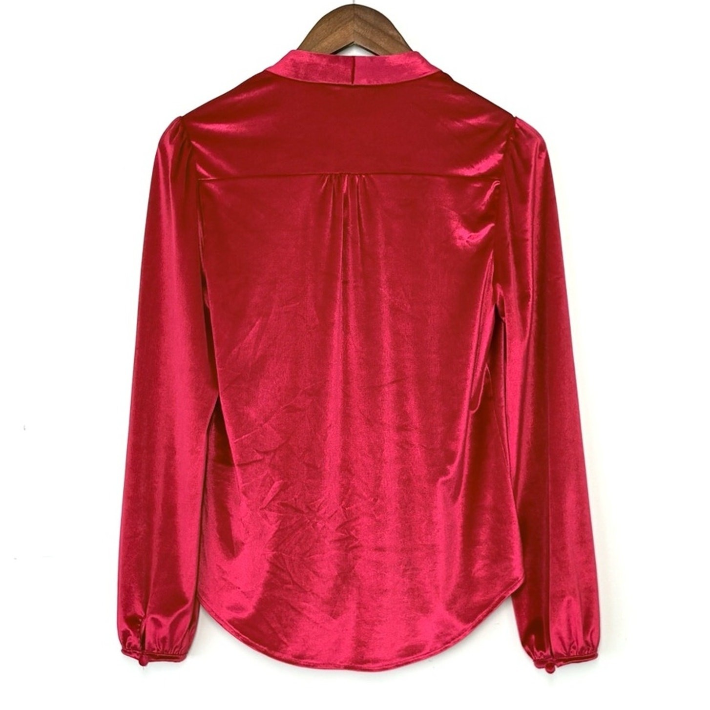 WHBM Velvet Tie Neck Blouse Women XS Red Bow Satin Office Holiday Top EUC